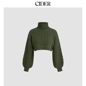 Cider [size 2-10] Cable Knit Turtleneck Solid Long Sleeve Crop Top