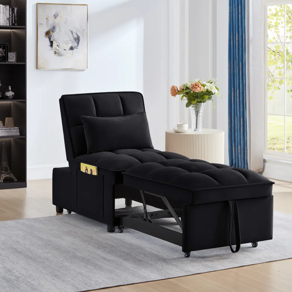 4-in-1 Convertible Single Sofa Bed with Storage Pockets, Upholstered Tufted Sleeper Chair with Adjustable Backrest & Pillows, Pull Out Chaise Lounge Sofa, Multi-Function Folding Daybed Couch for Bedroom Living Room Apartment, Black