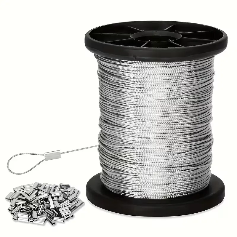 316 Stainless Steel Wire Rope, High Tensile Wire, 400ft 200ft 1/32in, with over 50 Aluminum Stopper Sleeves, Weather Resistant Heavy Duty Rope, Ideal for Hanging Lights, Clothesline, Tent Wires