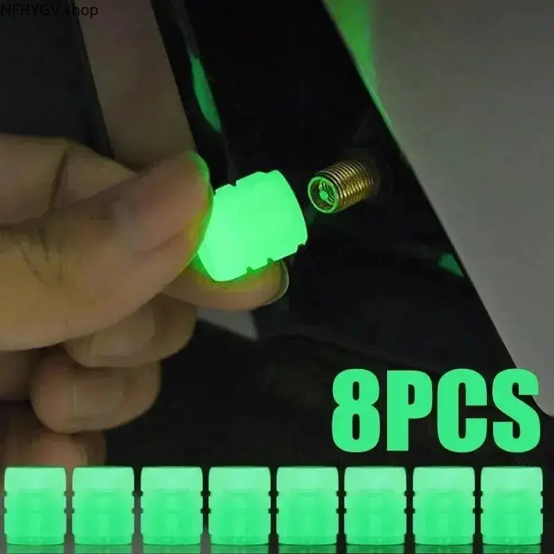 8PCS ABS Fluorescent Night Glowing Tyre Valve Caps, Water & Corrosion Resistant Wheel Air Valve Protector, Easy-to-Install Durable Portable Tire Ornament Perfect For Cars, Motorcycles And Bicycles To Upgrade Night Driving Appearance