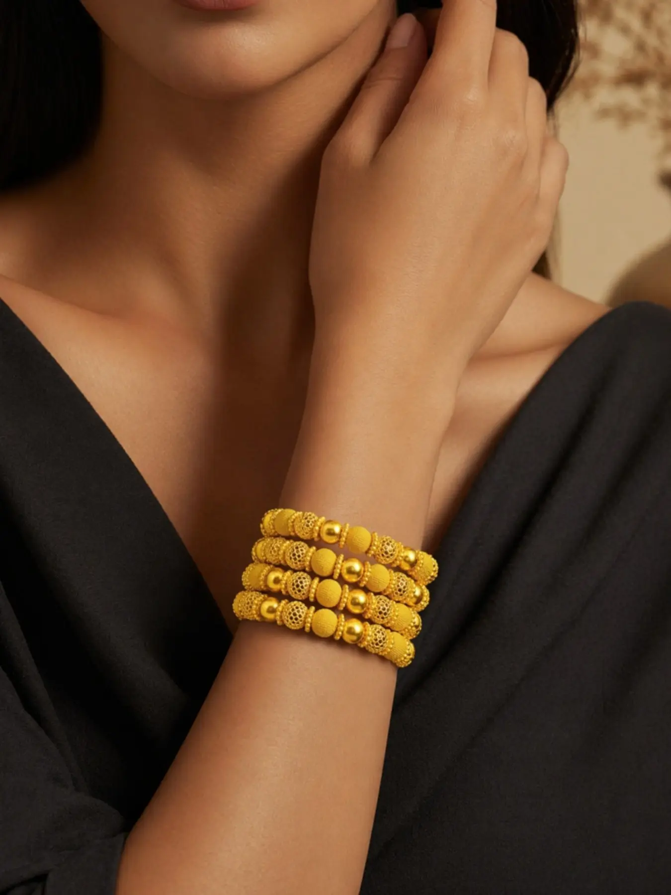 4 Pcs Dubai Women's Bangle Bracelets, Hollow Bead Alternating Design, Stacking Bangles, Elegant Jewelry Set for Daily Wear, Weddings, Parties
