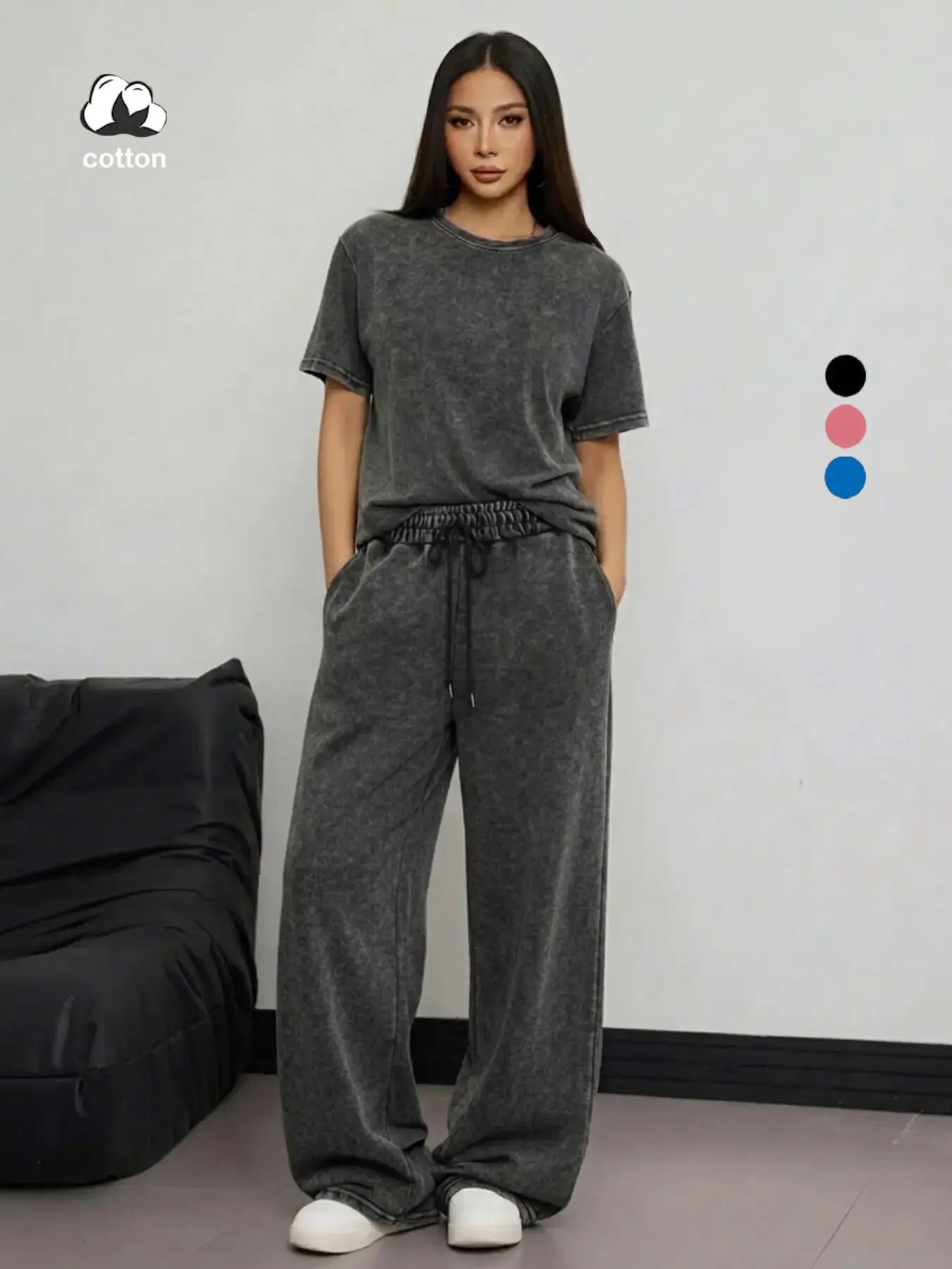 1-Piece Set: Distressed Washed Womenswear Loungewear Set (American Casual Style) – Available in Multiple Colors. Features Drapey Wide-Leg Pants + Loose-Fit T-Shirt. Perfect for "Hot Girl" / Everyday Looks.