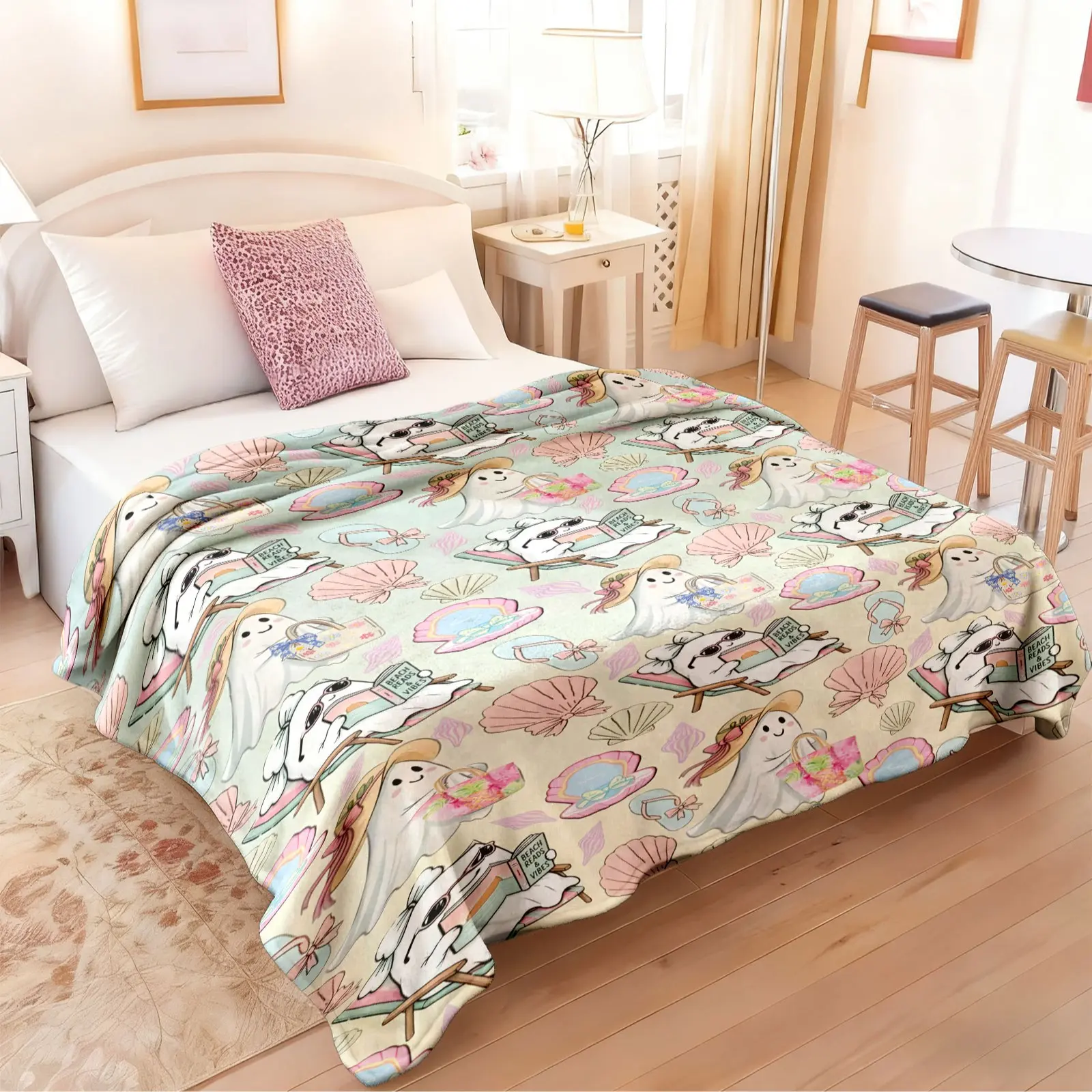 Summer Beach Vacation Lazy Ghost Blanket, Cartoon Shell Flip Flop Flannel Throw, Thick Soft Breathable All-Season Sofa Bed Cover