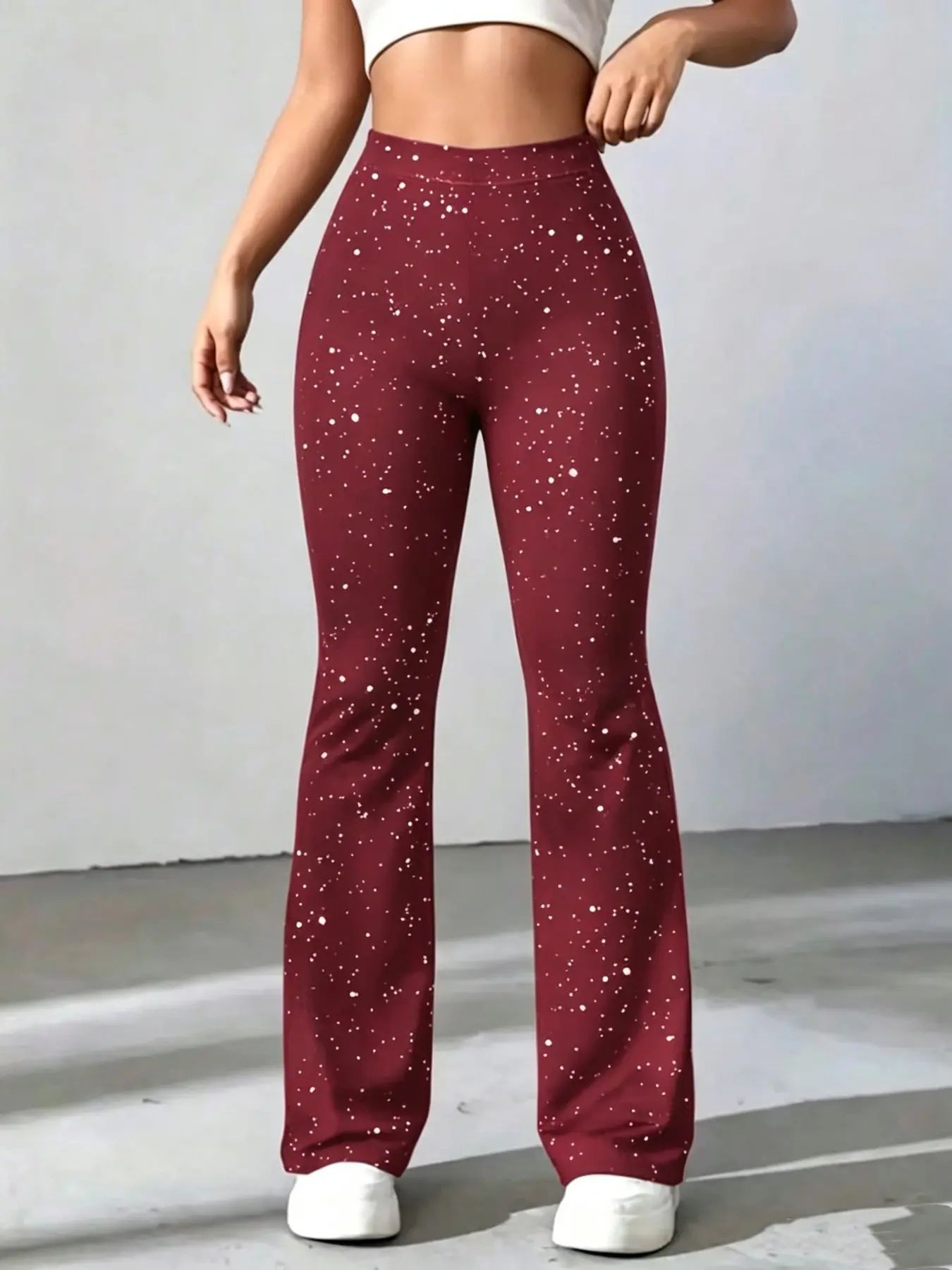 Women's High Waist Starry Glitter Micro Flare Pants, Elastic Slim Fit Sequin Bell Bottoms, Nightclub Party Daily Wear, Casual