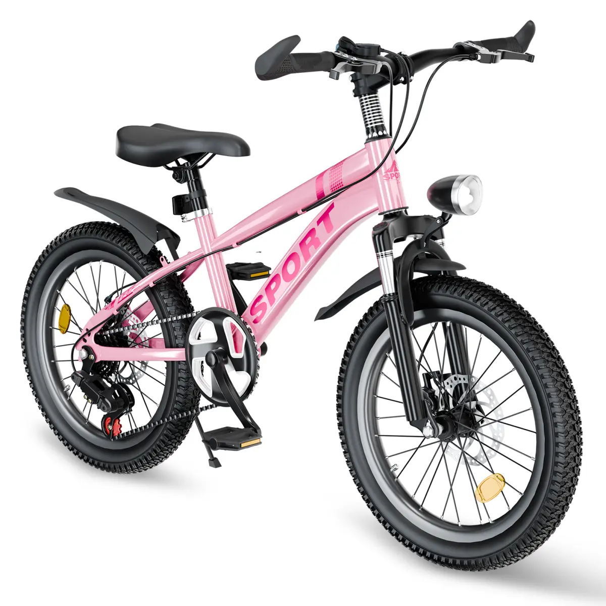 FKZNPJ 20-Inch Kids MTB Bike for Ages 7-12 Boys & Girls - 7-Speed Gears, Dual Disc Brakes, Shock-Absorber Front Fork, LED Light, 27.20 lbs, Silver & Pink Cycling Bike, Bike Mtb