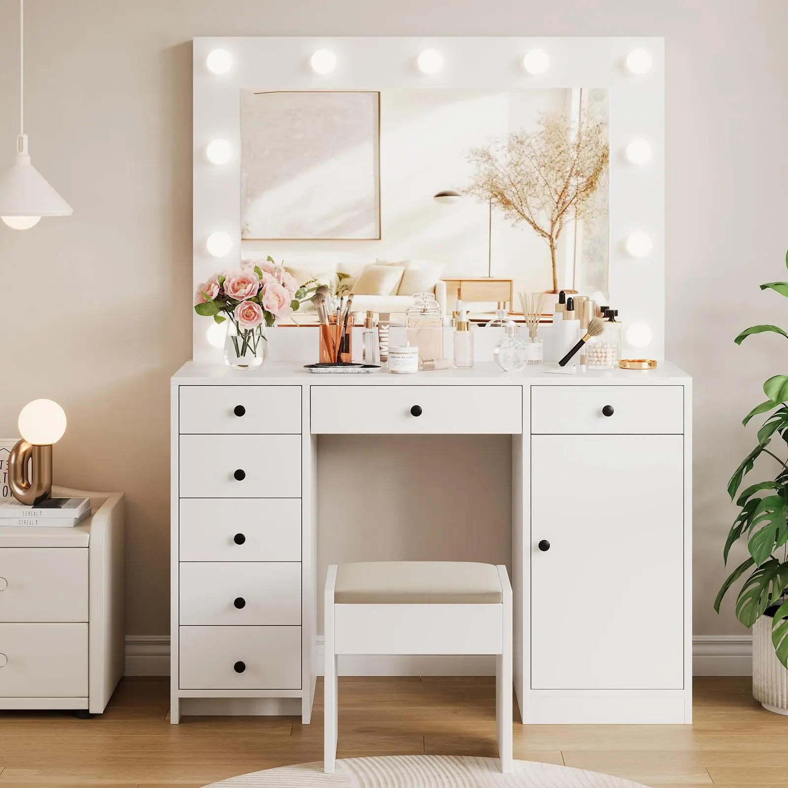 Garvee White Vanity Desk with Mirror and Light, Makeup Vanity Table with Charging Station, 7 Storage Drawers, 1 Cabinet, 3 Color Lighting Modes, Modern Wooden Dressing Table for Bedroom