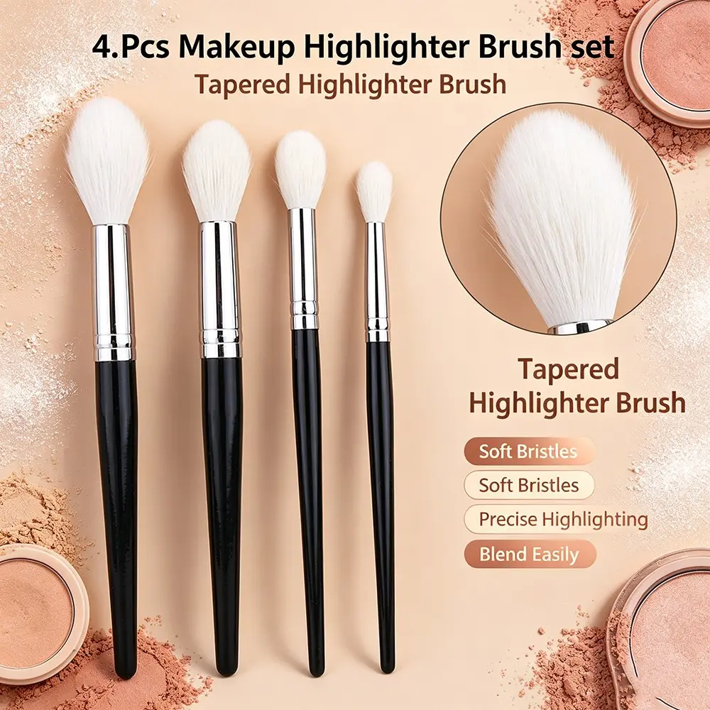 4 Pcs Makeup Highlighter Brush Set, 100% Goat Hair Tapered Brushes, Face Setting Powder Contour, Sculpting Makeup Tool