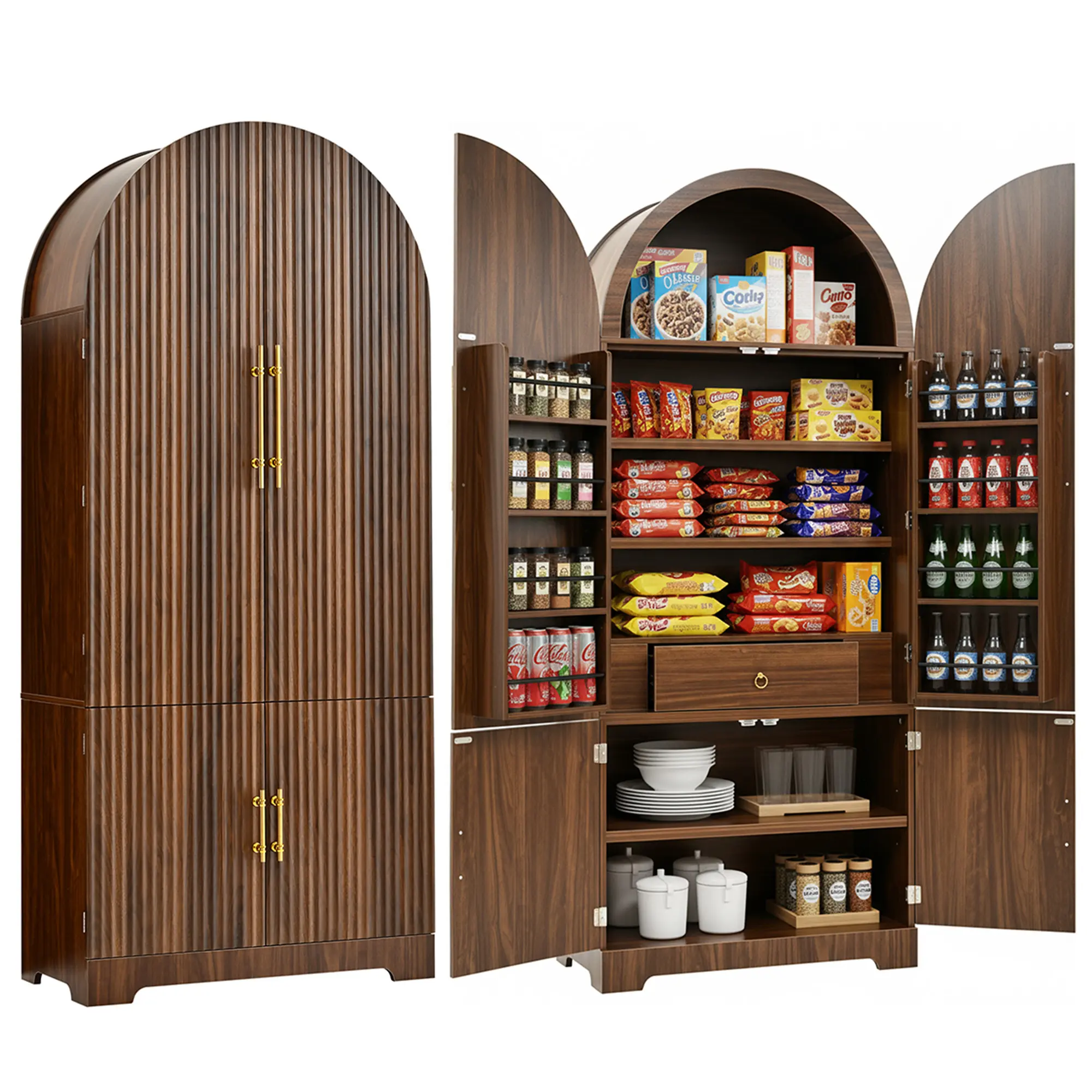 ARCH 72" Tall Arched Kitchen Pantry Cabinet with Fluted Doors, 8 Adjustable Door Shelves, 3 Adjustable Shelves, Hidden Drawer, MDF Wood Storage Cupboard for Dining Room, Bathroom, Brown, Brown Color Options, MDF Material, American Design/American