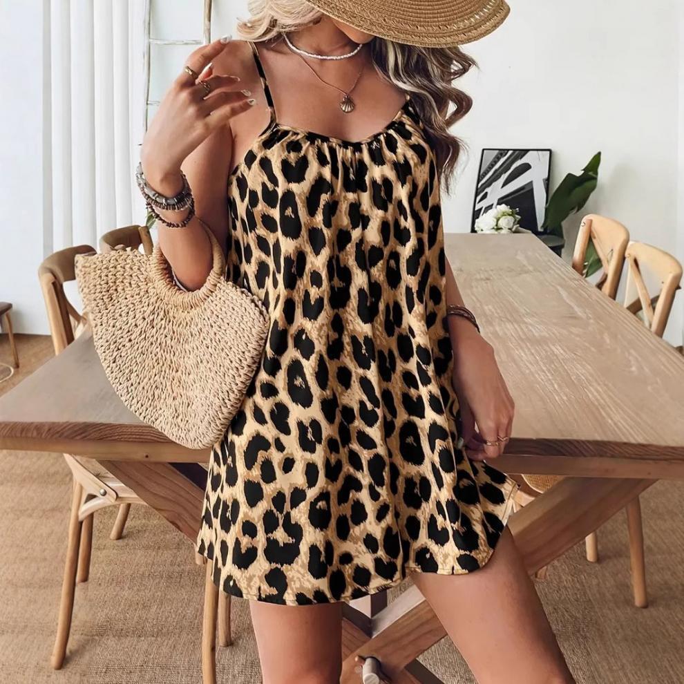 2026 New Arrival European American Style Plus Size Dress | Elegant Comfortable Leopard Print Spaghetti Strap Dress for Women