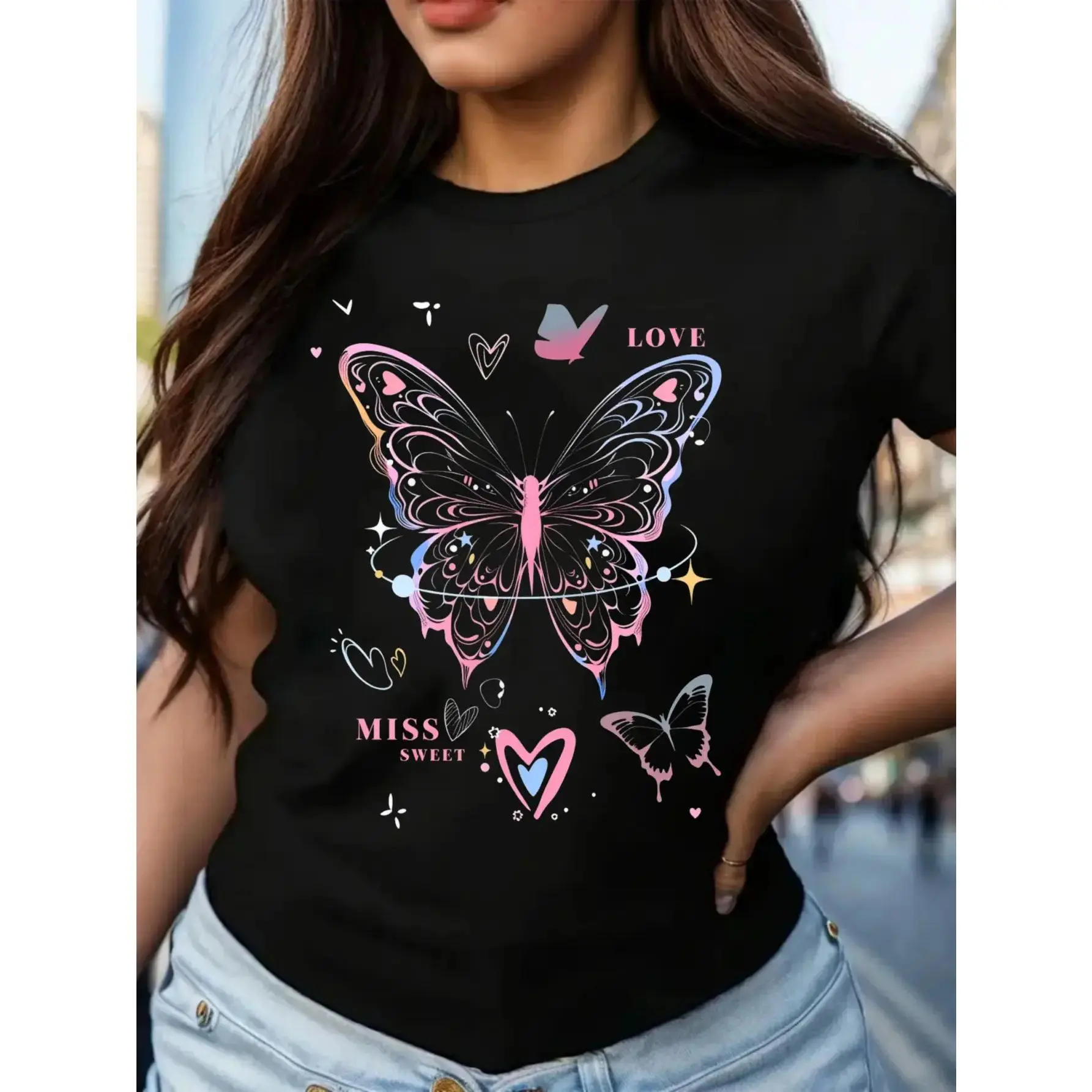 Women's Black Printed T-Shirt SS Daily Casual Breathable Comfortable Elastic Top Machine-Washable Fashion Spring Trend Easy-Care For Fashion Lovers Crewneck Fitted,Grunge