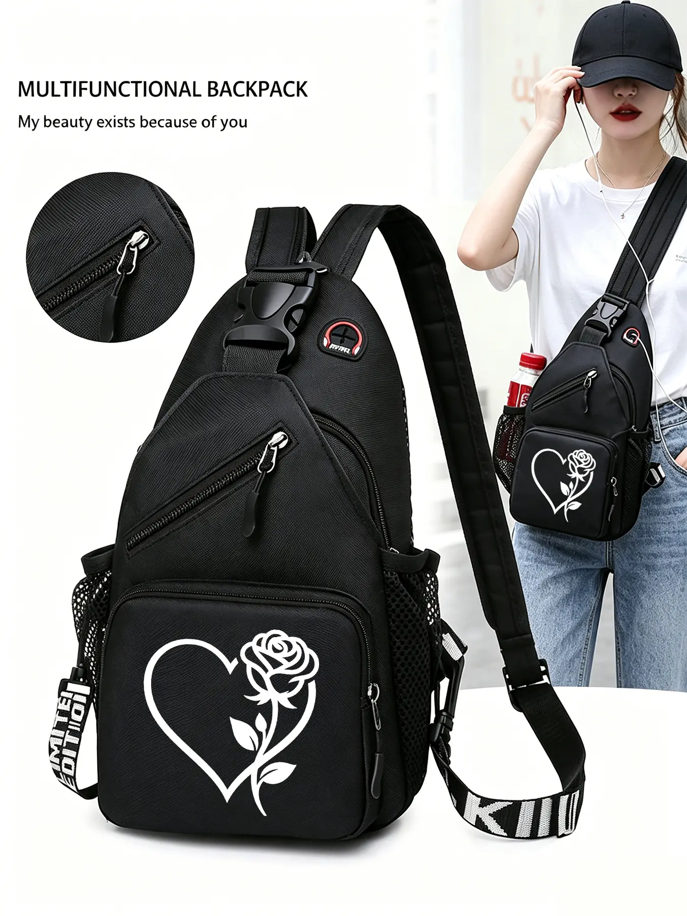 Heart Rose Patterned Convertible Bag/backpack, Multi-functional Chest Bag with Convertible Zippered Shoulder Strap, Multiple Pockets, Convertible Shoulder Bags, Suitable for Travel, Sports, and Daily Commuting, Halloween Gifts
