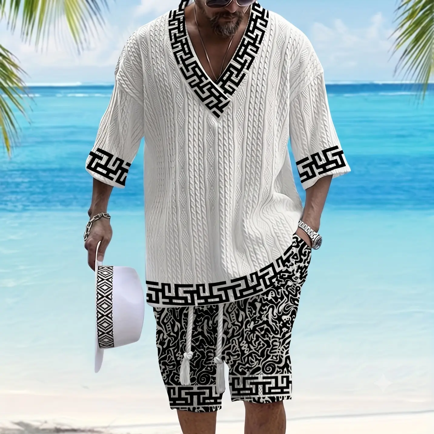 Men’s Casual Bohemian Knit Set, Short Sleeve V Neck Top and Drawstring Shorts, Lightweight Ethnic Pattern Summer Outfit for Beach, Vacation, Cruise and Relaxed Daily Wear