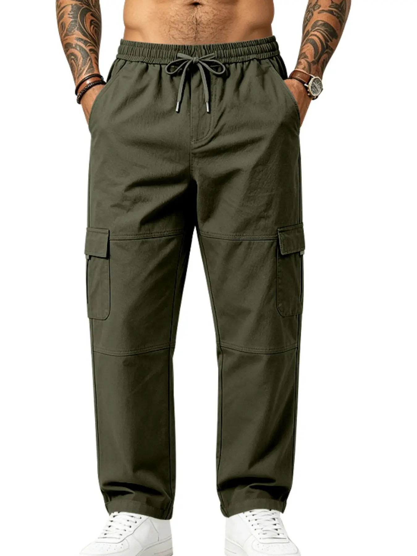 Men's Elastic Drawstring Waist Cargo Pants, Multi Side Pockets Straight Leg Work Trousers, Lightweight Loose Fit Casual Outdoor Hiking Walking Jogger Pants Daily Streetwear Casual Fit Drawstrings Multiple Colors