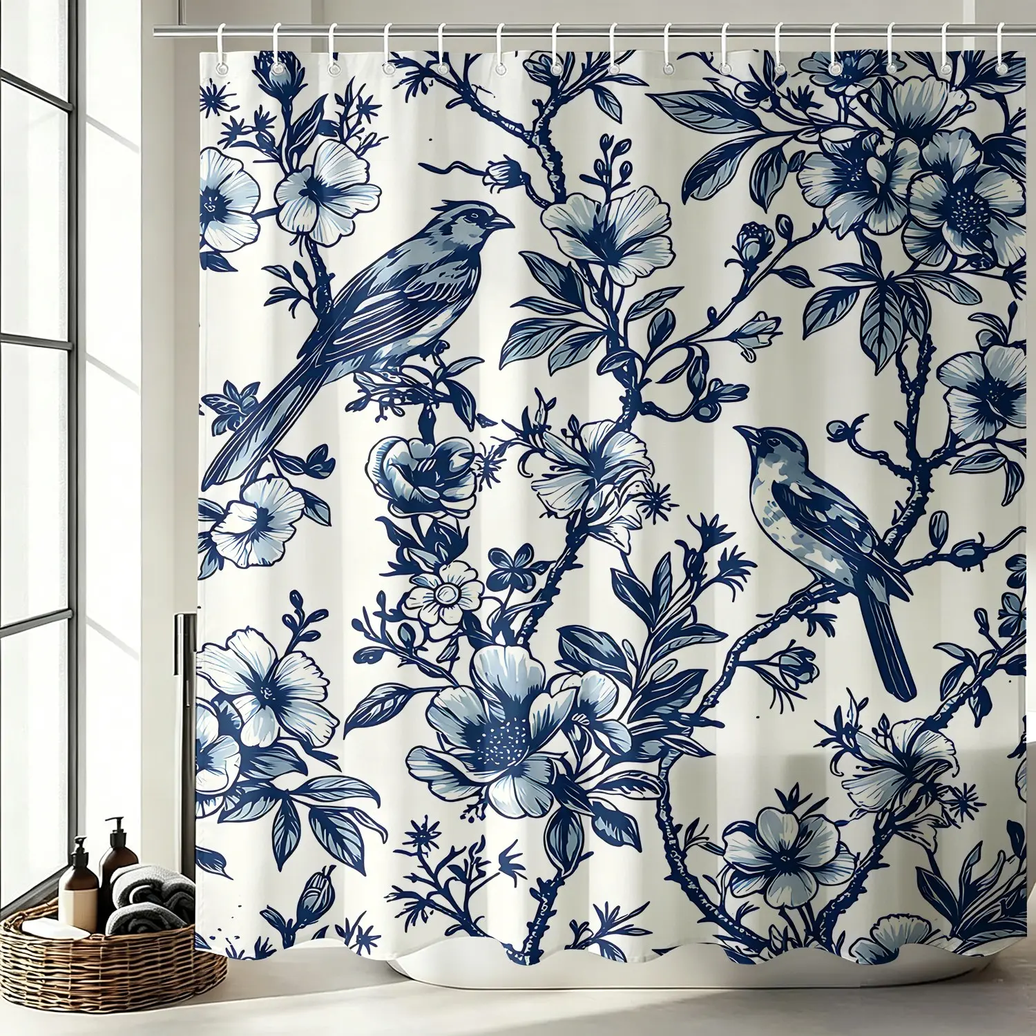 1Pc Waterproof Boho Floral Shower Curtain Vintage Blue Flower Bird, Elegant Classic Style for Bathroom Accessories with Hooks, Easy to Setup and Maintain, Bohemian Theme Bath Decor, Upgrade Retro Bathroom Aesthetics