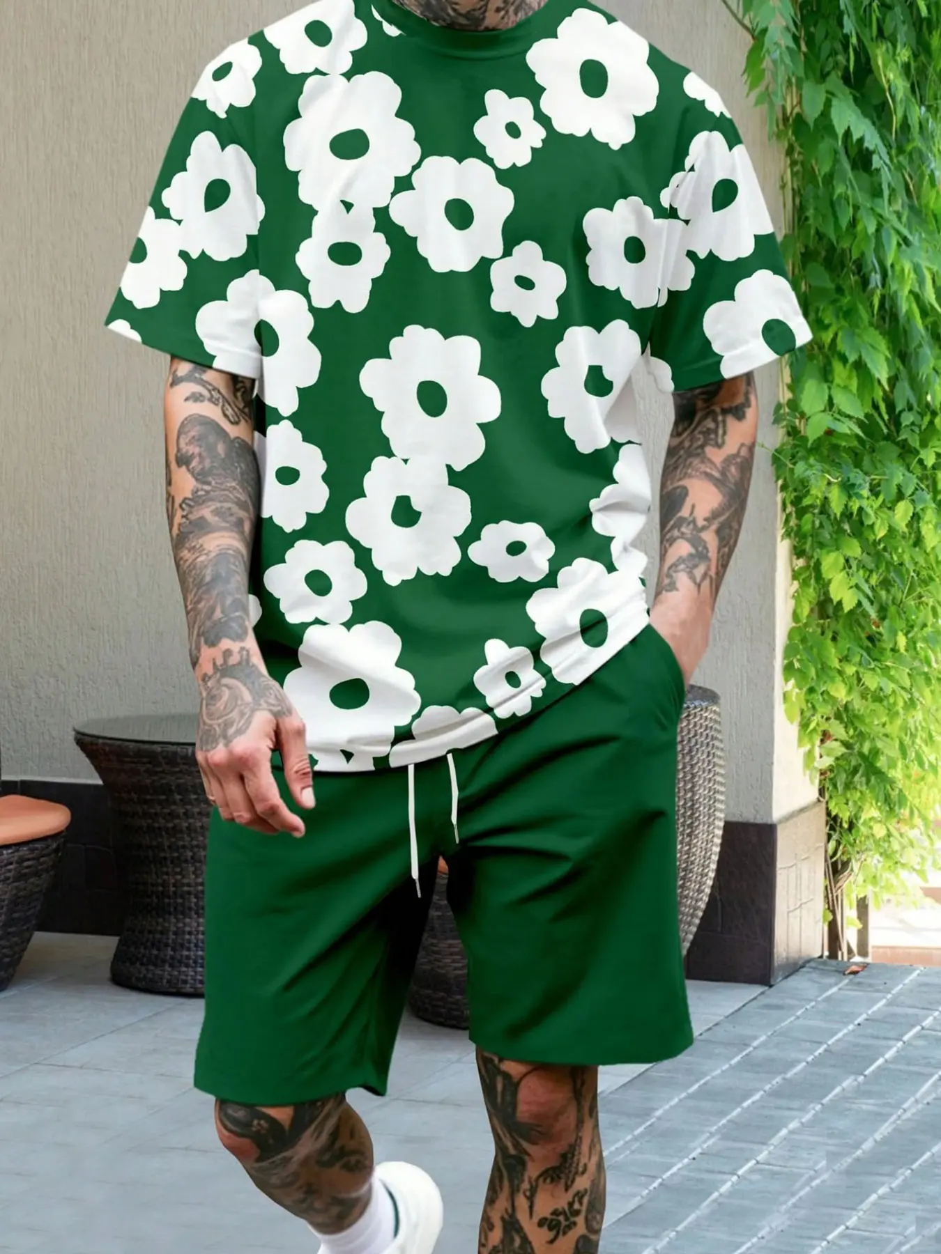 Men's 2-Piece Summer, Casual Y2K Style, 3D Printed Floral Tee & Shorts Set, Fitted Design, Perfect for Vacation & Outdoor Activities
