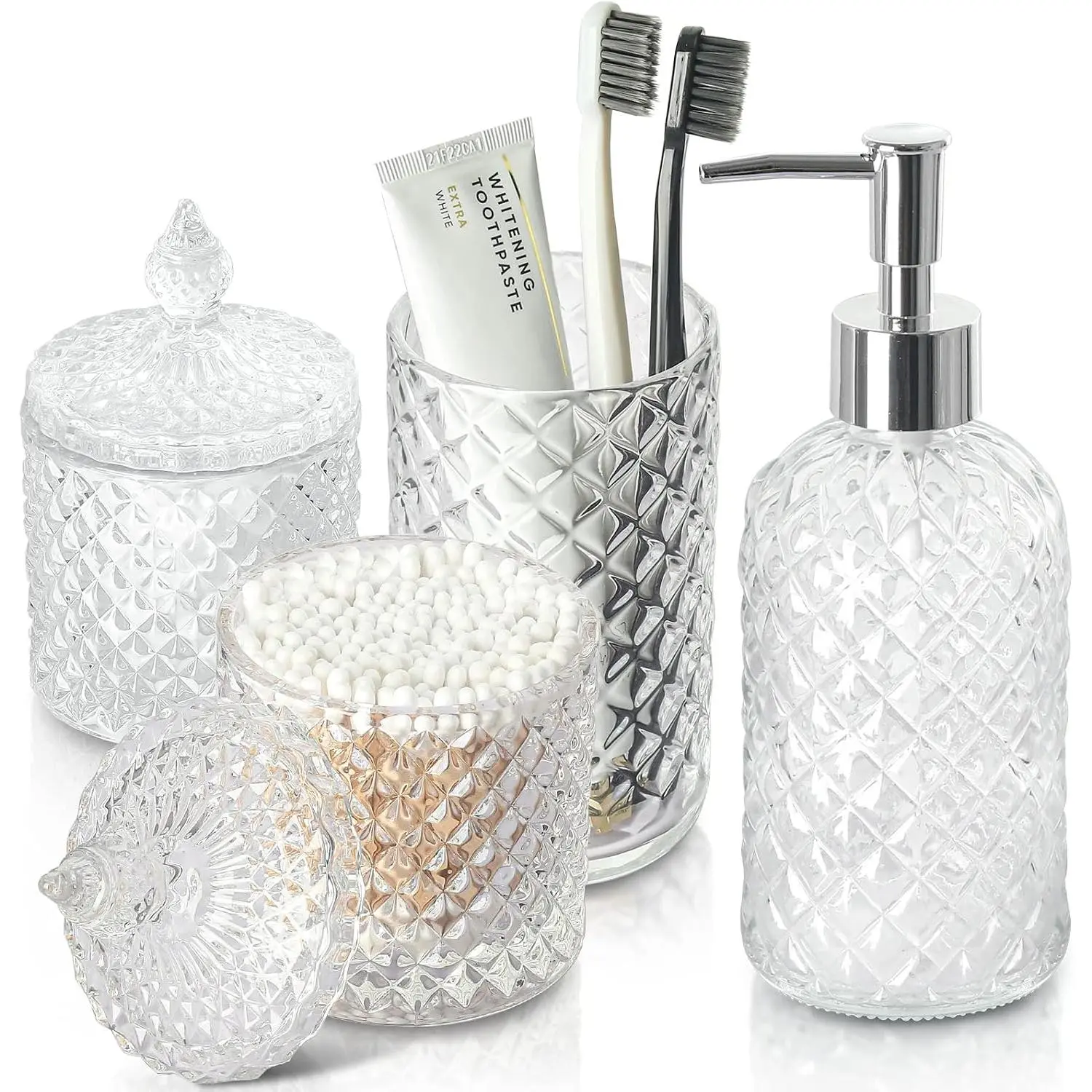 Bathroom Accessories Set, 4 Pack Clear Glass Bath Accessory Sets Complete,  Soap Dispenser and  Holder Set for Bathroom Counter Organizer Essentials, Modern Bathroom Decor