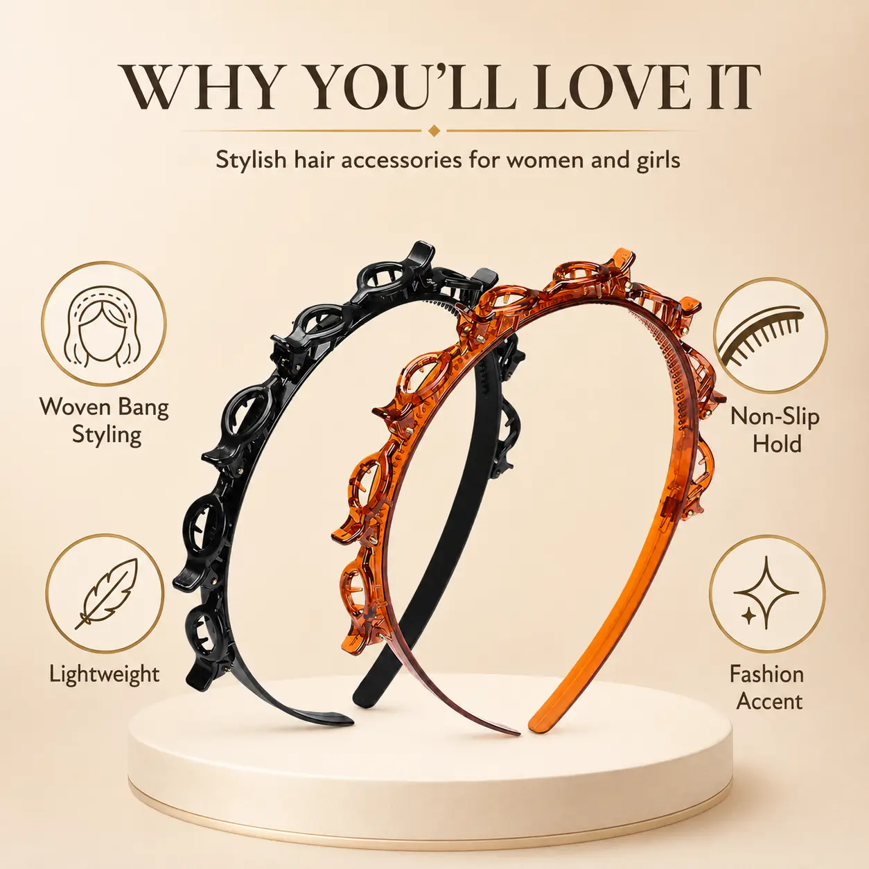 2 Pack Hair Headband & Bangs Clip Set for Women, Non-Slip Toothed Braiding Hair Pins with 8 Styling Clips, Black Brown Hair Accessories for Easy Hairstyles