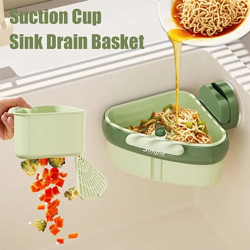 Sink Filter Basket with Push-Button Auto Empty and Self-Cleaning, Thick Drain Basket with Suction Cup, Detachable Filtration System