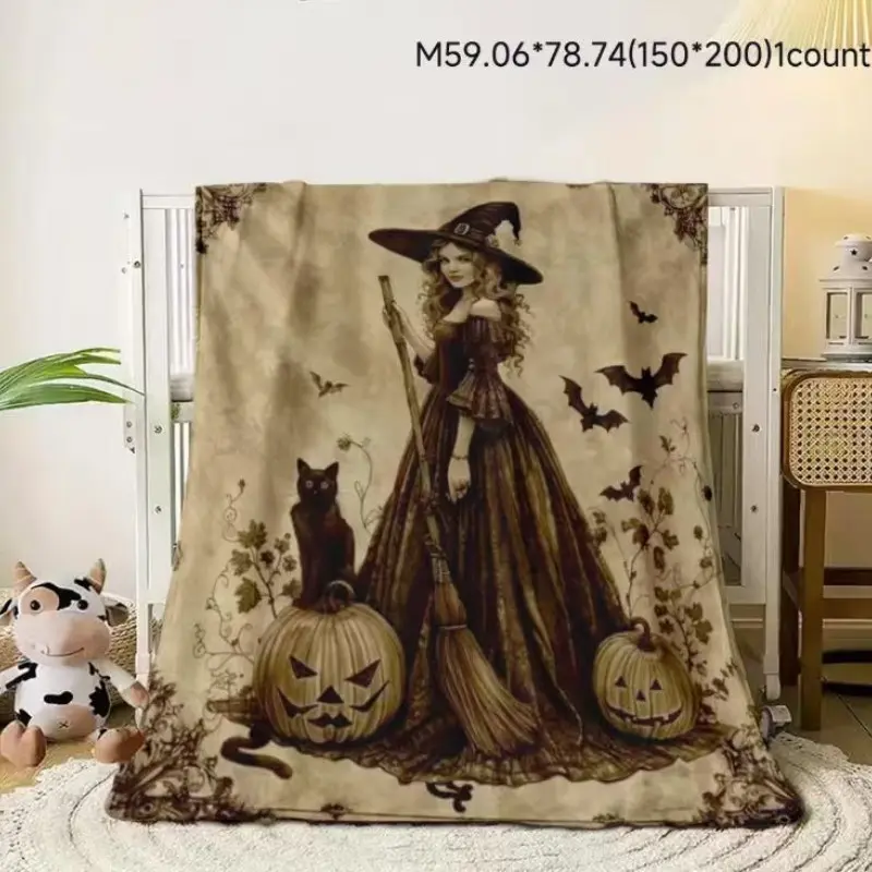 Elegant Witch and Cat Halloween Blanket, Cozy Digital Print Polyester Knit Cover, Multi-Use Lightweight Throw for Sofa, Bedroom, Travel, Picnic