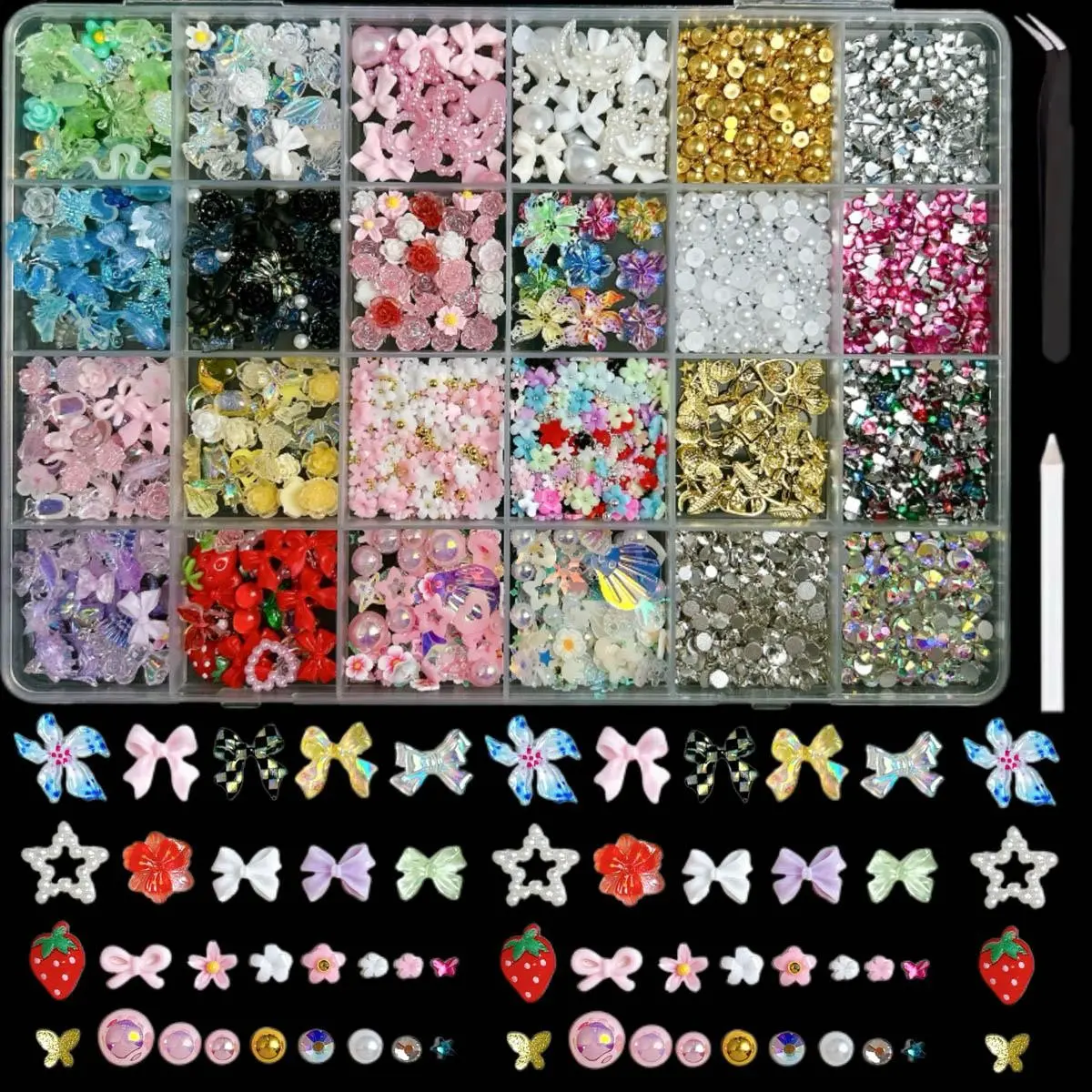 24-Piece Nail Art Decor Set, 3D Multicolor Nail Charms, Includes Rhinestones, Pearls, Butterflies, Flowers, Strawberries, Stars, Moons, Nail Decoration