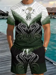 Men's 3D Digital Printed Two-Piece Set with Ethnic Spiral Totem and Silver Fern Leaf, 2Pcs, Fashion Trendy Outfit, Retro Casual Two-Piece Suit, Trendy Vacation Wear, Breathable Sports Casual Style, an Excellent Holiday Gift for Men