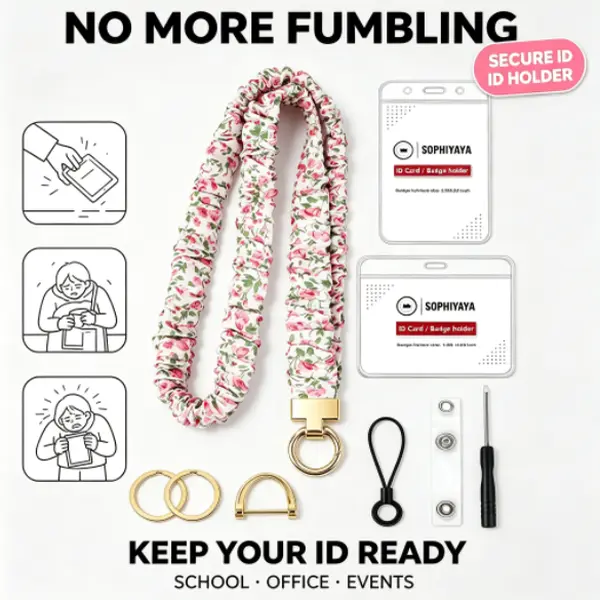 Scrunchie Lanyard for ID Badge Holder, Cute Teacher Lanyard for Women with 2 Card Clear Badge Holder (Pink Floral)