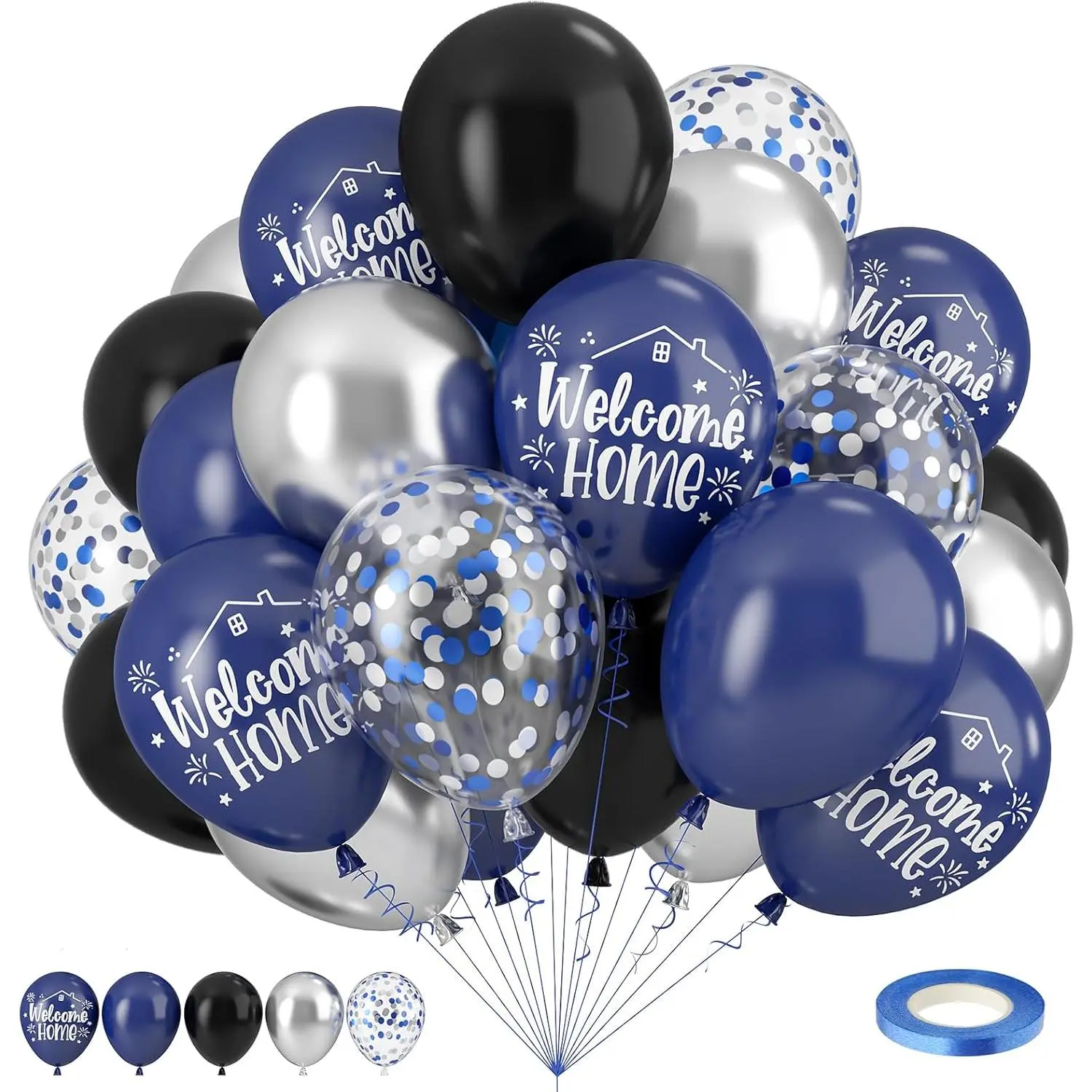 Welcome Home Balloons, 30 Pcs 12 Inch Black Blue Silver Metallic Confetti Balloons for Welcome Back Housewarming Shower Family Party Decorations