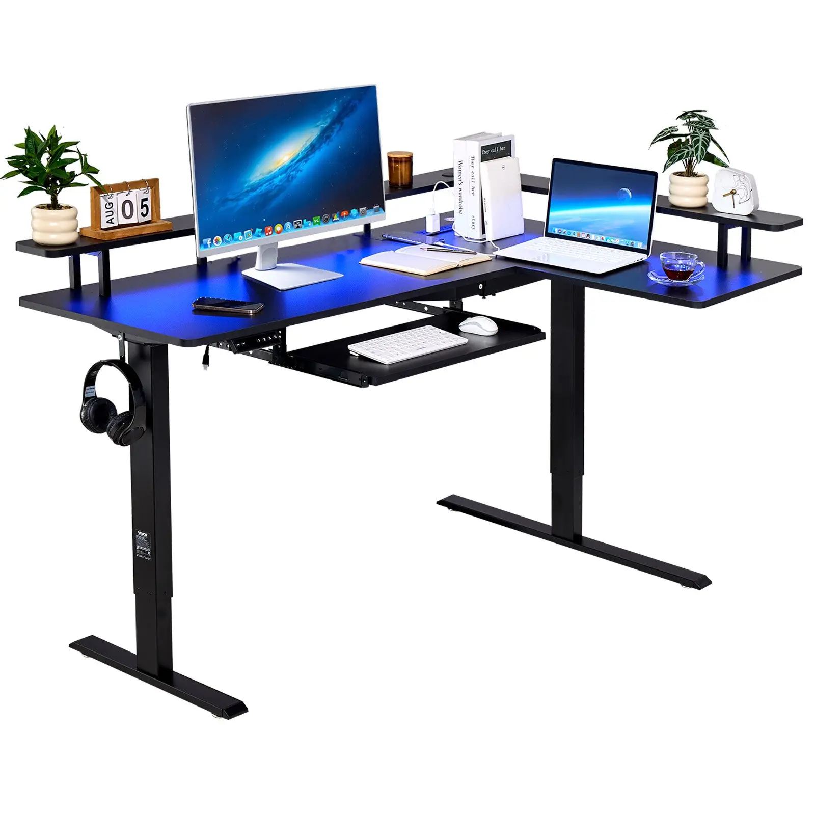 【DealsForYouDays】VEVOR Heavy Duty L-Shaped Electric Height Adjustable Desk, Computer Table with Keyboard Tray, Dual Hooks, Light Strip, for Home Office Setup & Gaming, Easy to Assemble, Black