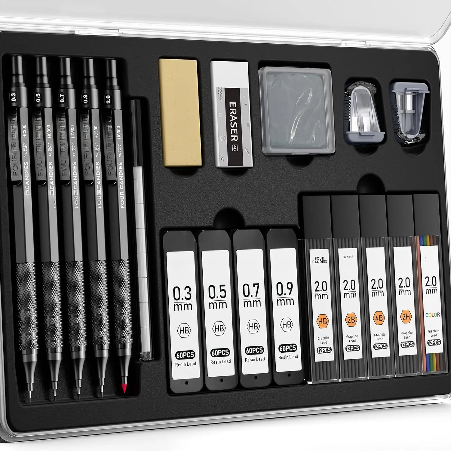 Metal Mechanical Pencil Set, 4 count 0.3, 0.5, 0.7, 0.9MM Mechanical Pencils & 2MM Drawing Pencil with 9 Tubes Lead Refills (4B 2B HB 2H Color) for Student Writing Artist Sketching - Black