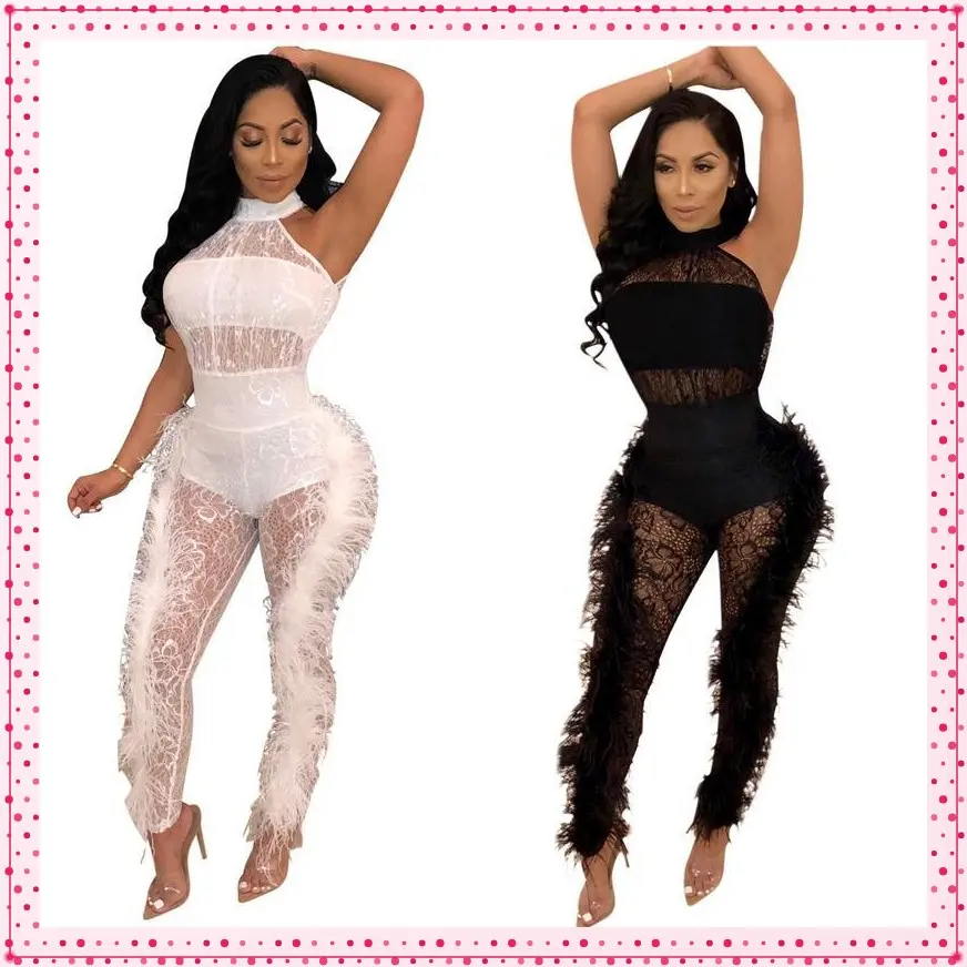 PopularEuropeanandAmericanSexySolidColorFeatherSideJumpsuit