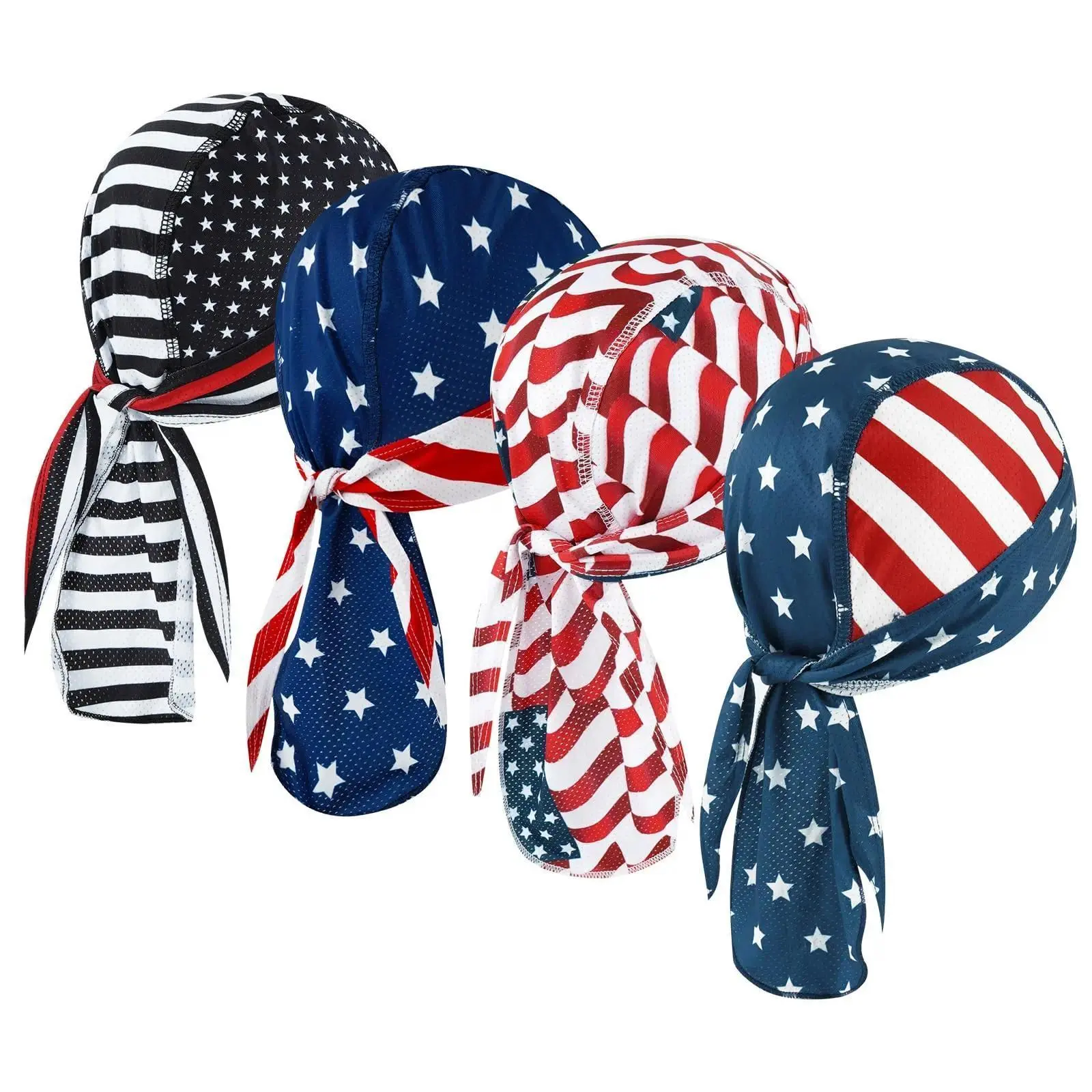 4 Pack Skull Caps for Men, American Flag Do Rags, Breathable Sweat Wicking Helmet Liner Beanie, Elastic Headbands for Motorcycle Cycling Sports & Outdoor Activities