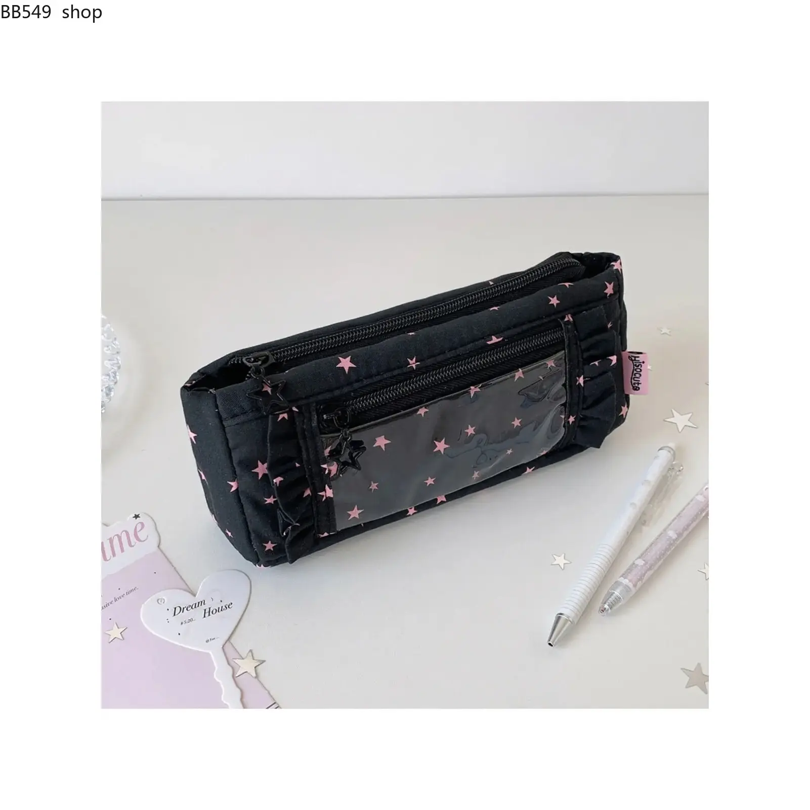 Cute Candy Color Makeup Bag, Star Pattern Zipper Pencil Case, Lace Trim Stationery Organizer Pouch, Aesthetic Storage Bag for Students, School Supplies, Makeup Tools & Daily Carry