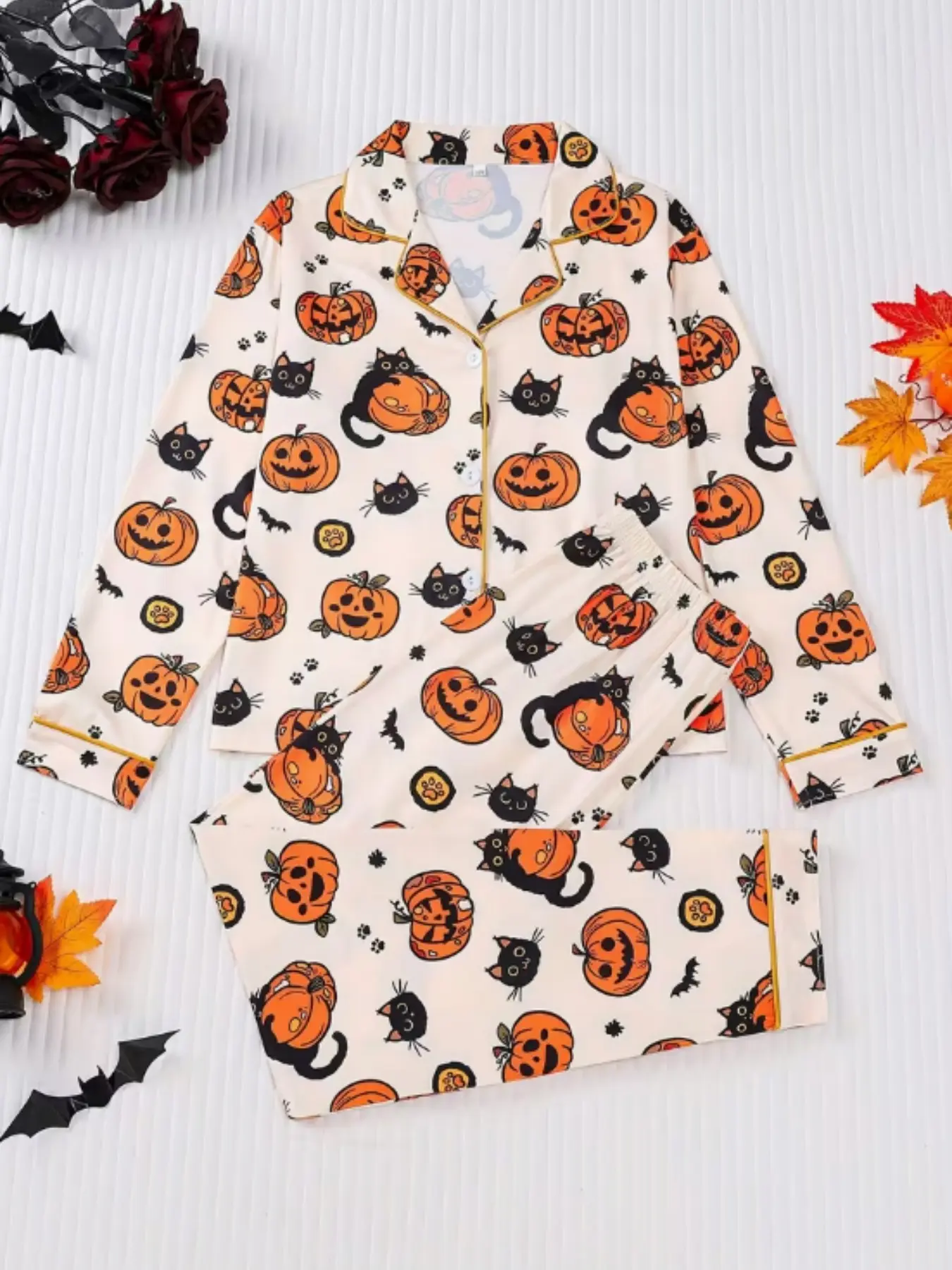 Halloween Cute Cat Pumpkin Bat Women's Long Sleeve Pajama Set, Casual Loose-Fitting Home Wear Loungewear, All Seasons Comfortable Sleepwear