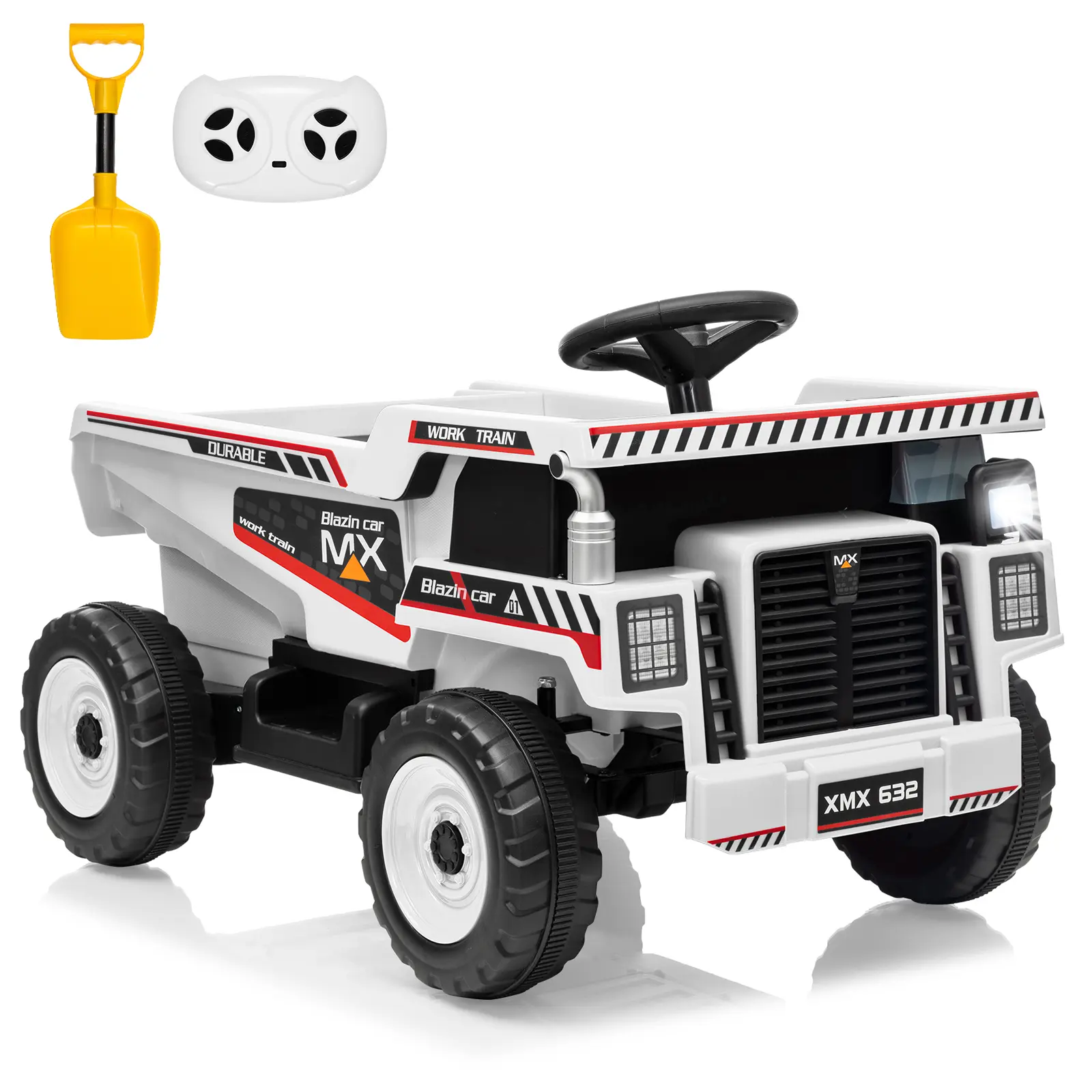 12V Electric Ride-On Dump Truck for Kids – Remote Control, Rechargeable Battery, Dump Bed, Shovel, LED Lights, Music, Construction Vehicle Toy