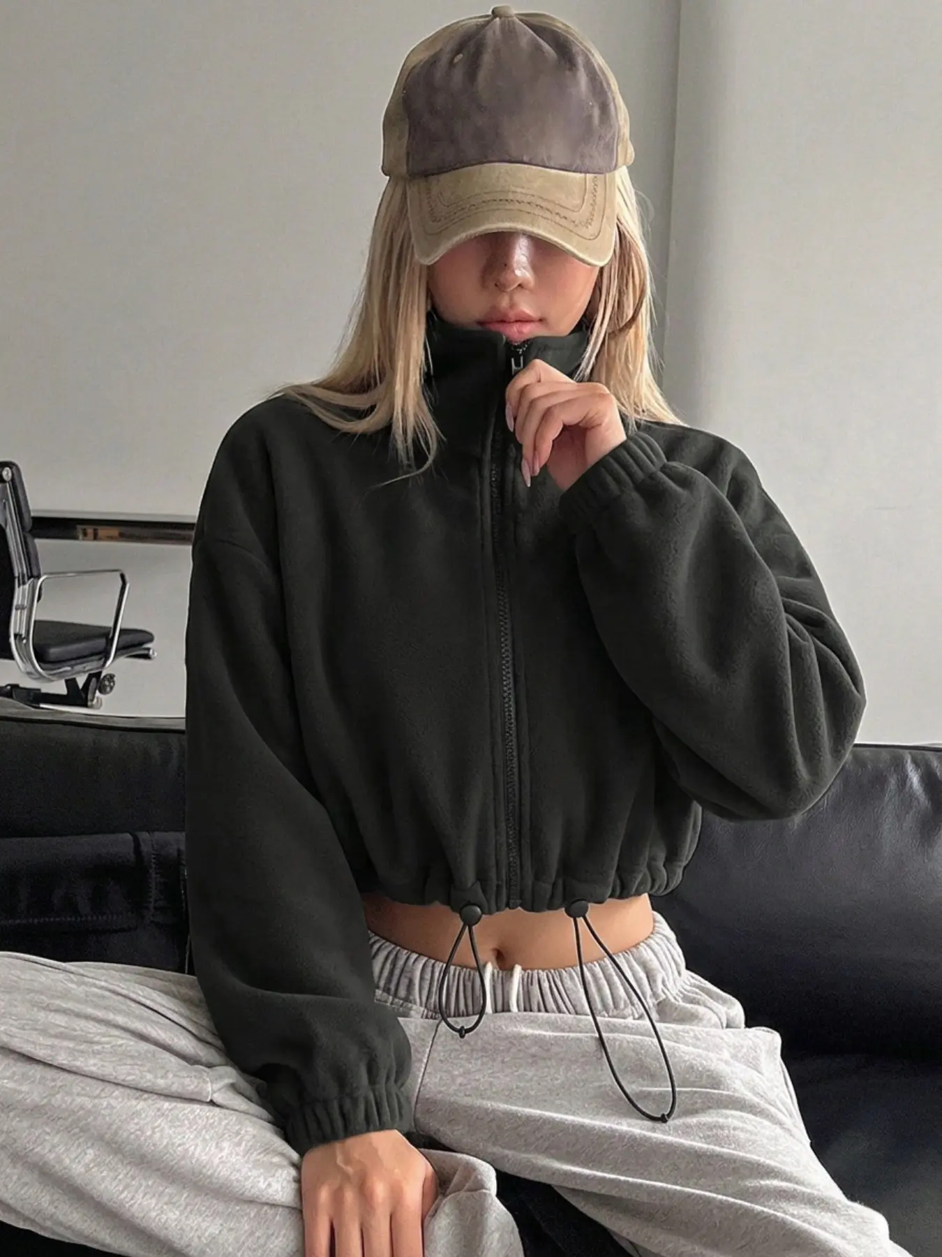 Women Cropped Fleece Zip Up Jacket Stand Collar Drawstring Hem Oversized Long Sleeve Sherpa Outerwear Casual Streetwear Crop Coat