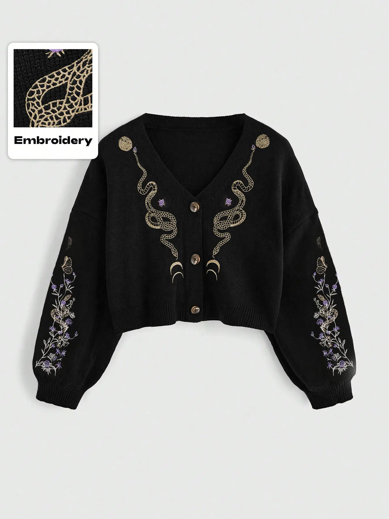 Women's V Neck Gothic Punk Style Plant Snake Embroidery Knitwear Sweater, Casual Loose-Fit Short Knitted Cardigan, All Seasons Moderate Fabric, Tops, Fashion