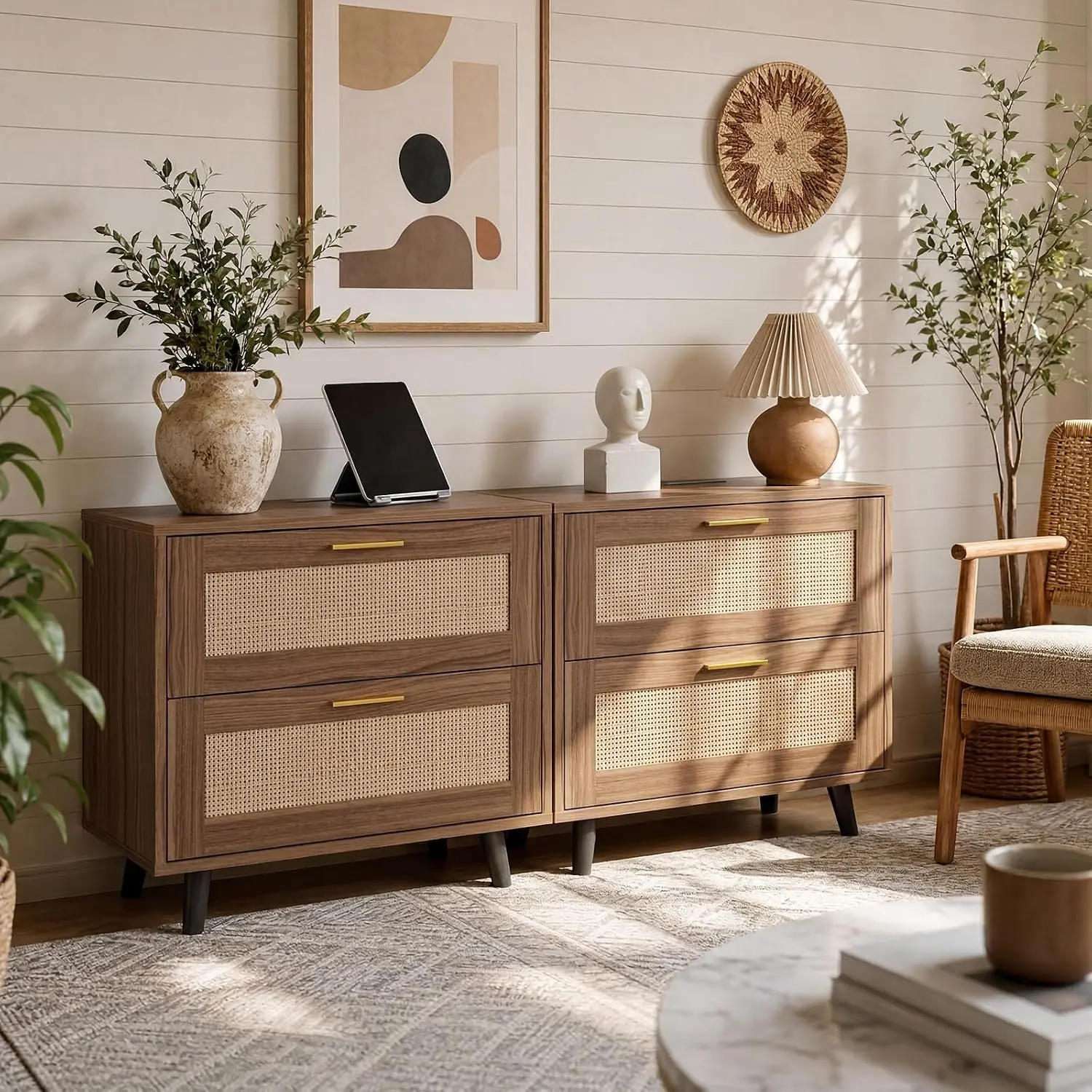Rattan Nightstand Set of 2 with Charging Station, 2-Pack Boho Bedside Table with 2 USB Ports and AC Outlets, 2 Drawer Chest, Mid Century Night Stand End Table for Bedroom, Living Room
