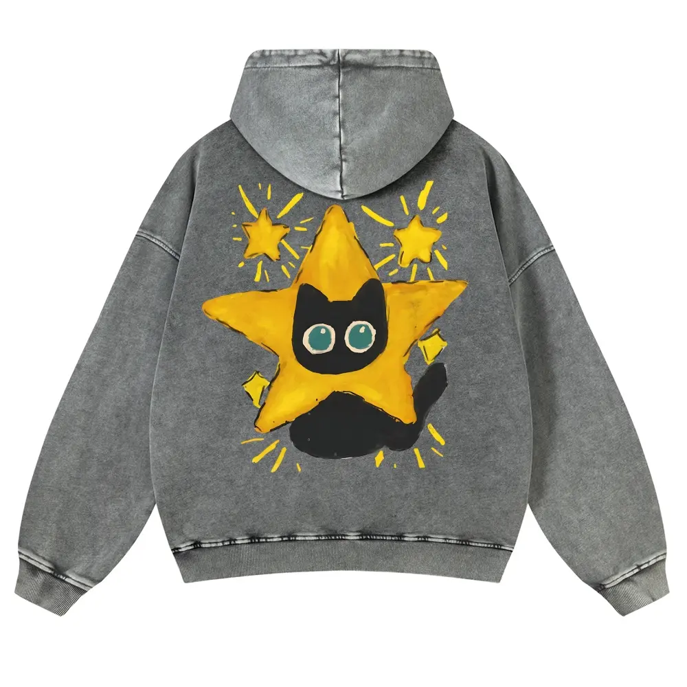 Vintage Gray Washed Black Cat Hoodie | Unisex Cute Star Cat Graphic Oversized Sweatshirt Grunge Indie Aesthetic Heavyweight Pullover Hoody
