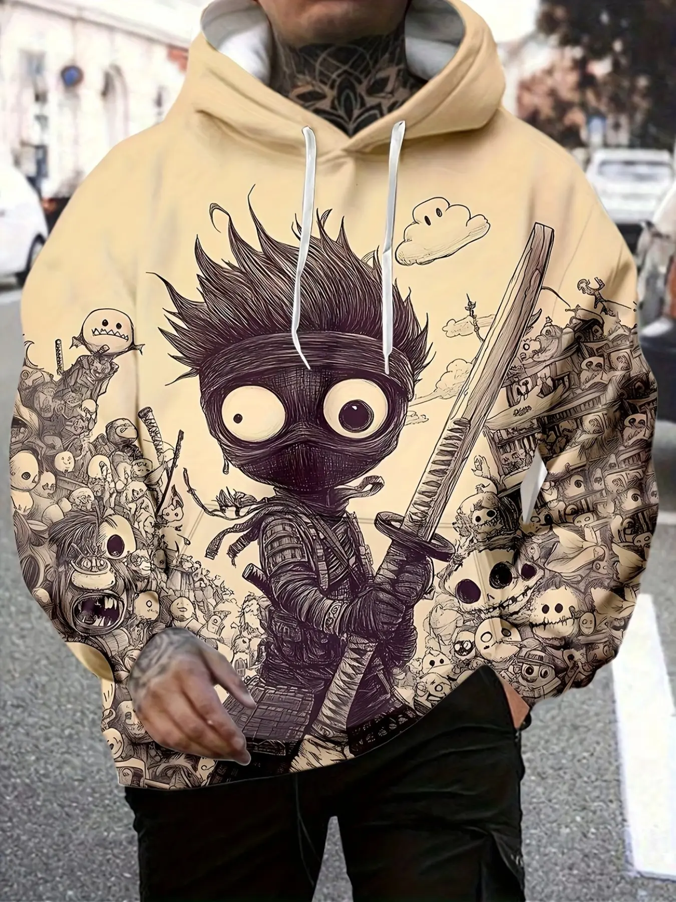 Men's Retro Streetwear Hoodie, Cartoon Ninja Samurai Digital Print, Casual Fashion Sweatshirt, Trendy Pullover for Men