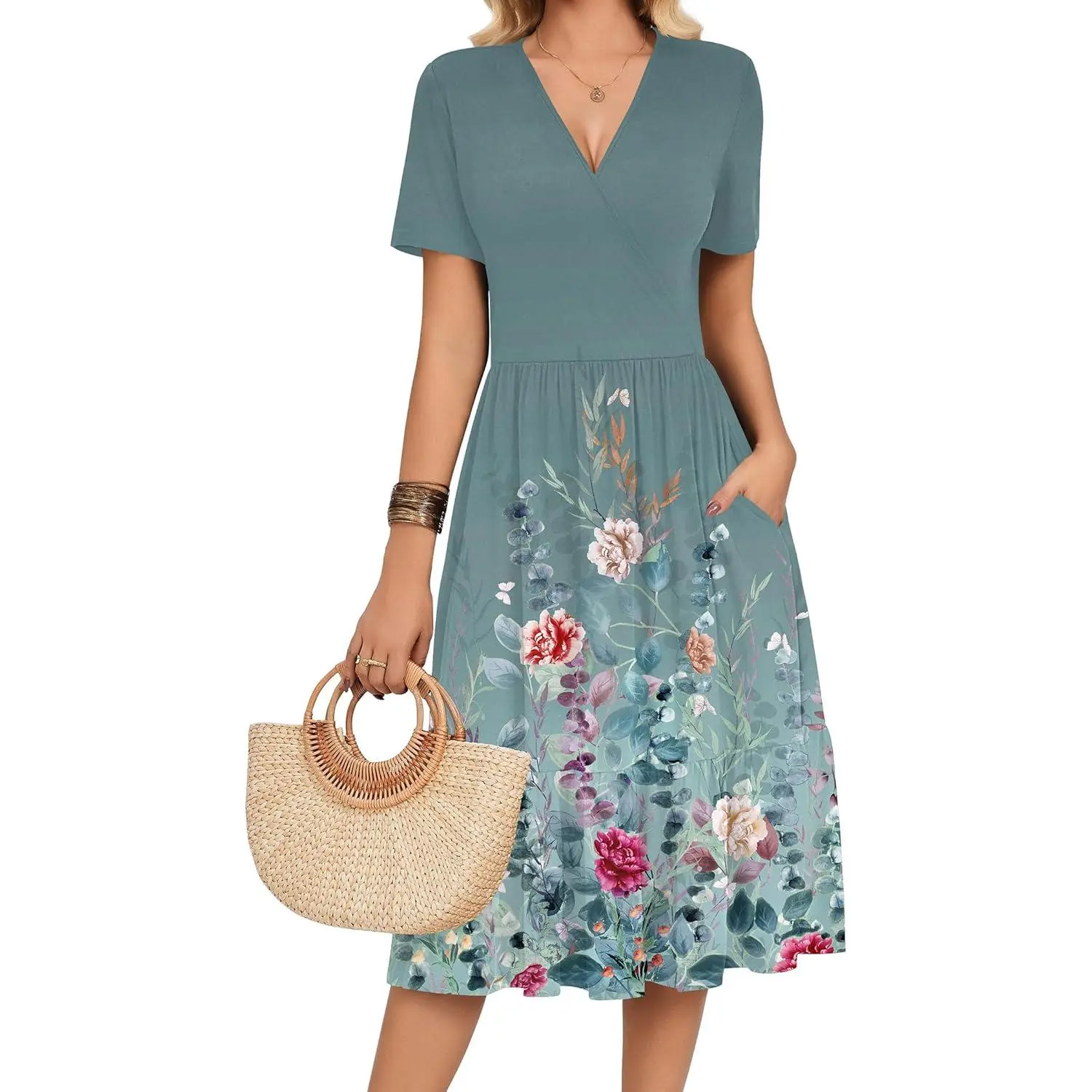 Womens Summer Casual Dresses Short Sleeve Midi Floral Dress with Pockets Tiered Flowy A Line Sundress