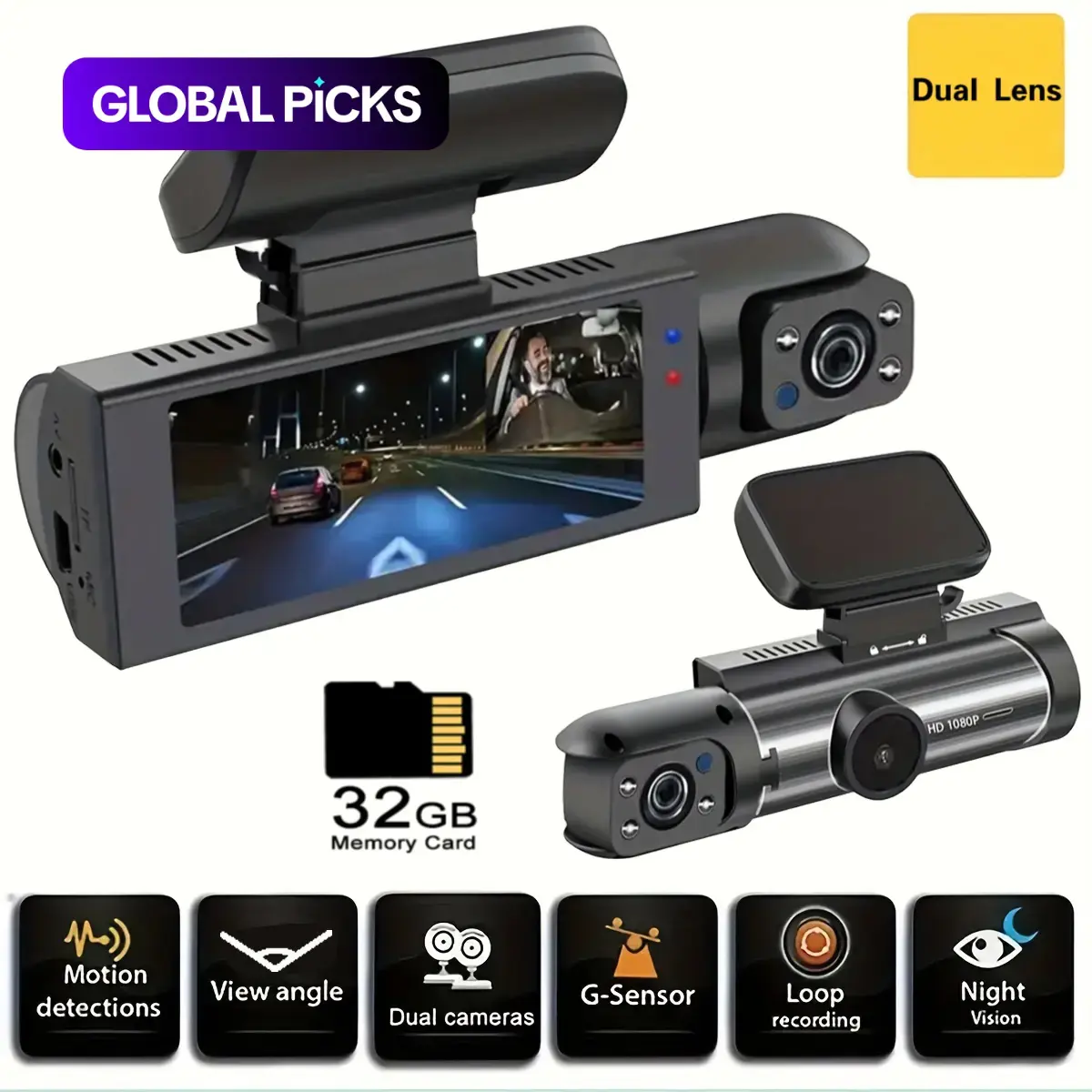 3.16'' Screen Car Interior Dashcam, Automotive Dashcam with 32G Card, 1080p HD Car Cam, Dash Cam Front And Inside, Front & Inside Dual Recording Car DVR with IR Night Vision, Loop Recording, Video Surveillance, Dashcams For Cars