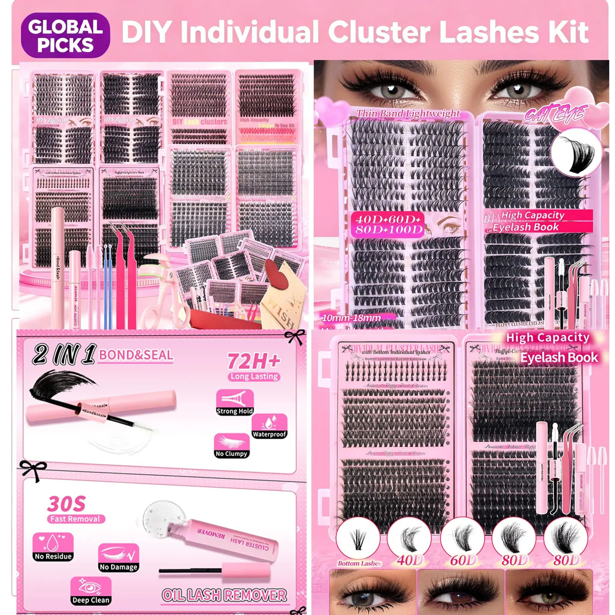 Lash Book Gift Set | Christmas Gift | Volume Lashes for Cat Eye, Round Eye, and Dramatic Looks | Wispy, Bold, Colorful Styles | Perfect for Summer Makeup & Back to School Glam | Natural to Full Glam Eyelash Kit | 40D 60D 80D 100D | D Curl Wide Band