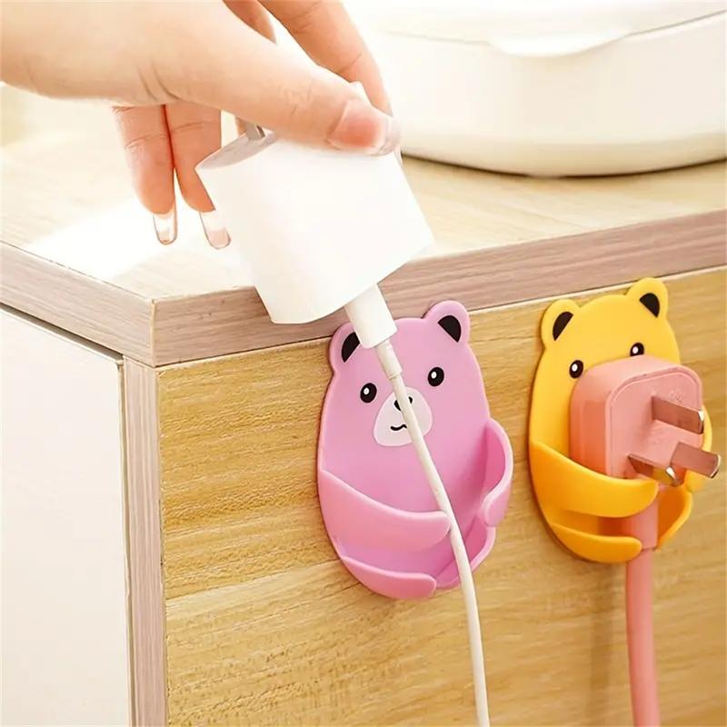 Multi Functional Hooks, 4 Counts/set Cartoon Hug Bear Non Drilling Adhesive Hook, Plug Hook, Power Socket Holder, Kitchen Bear Plug Storage Hook Wall