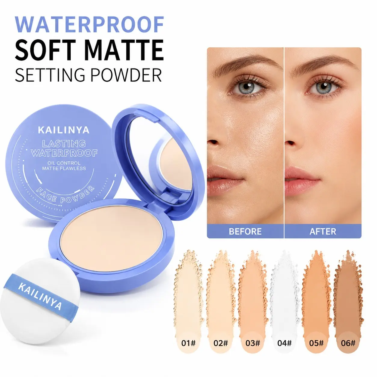 Waterproof Pressed Powder, Oil Control Setting Powder for Face, Matte Makeup Powder with Long Lasting Sweatproof Formula, Pore Blurring Soft Focus Effect, Lightweight Fine Powder for Natural Smooth Matte Finish, Flawless Makeup Look, 6 Shades Available