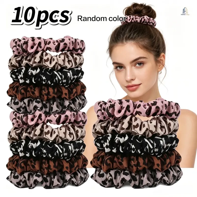 10Pcs Random Color Leopard Print Fabric Hair Scrunchies, Elastic Ruched Hair Ties, Minimalist DIY Hair Accessories for Daily Casual Hairstyle