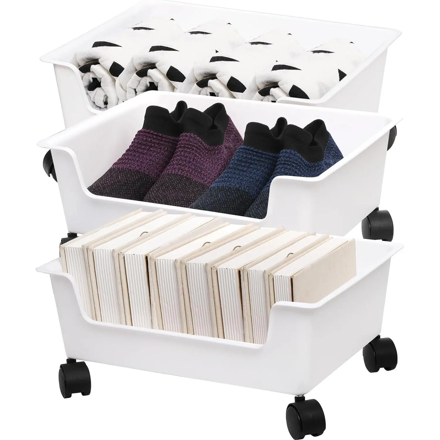 3 Pack Under Bed Storage, Underbed Toys Storage Containers with Wheels, Plastic Bedroom Storage Organization, Under Bed Storage Bins Drawer For Clothes Blankets Shoes Books, White