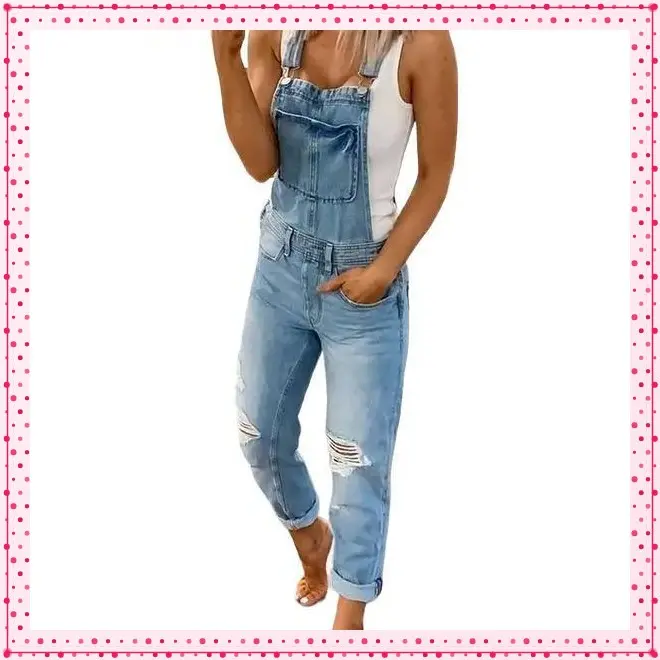 Women's Ripped  Bib Overalls Adjustable Straps Pockets Jean Rompers Casual Distressed Jeans Fit Jumpsuits   Style Sports Double Shoulder Strap Ripped  Jumpsuit Women's Casual Wear Dungarees Comfort rompers women romper Womenswear Basic