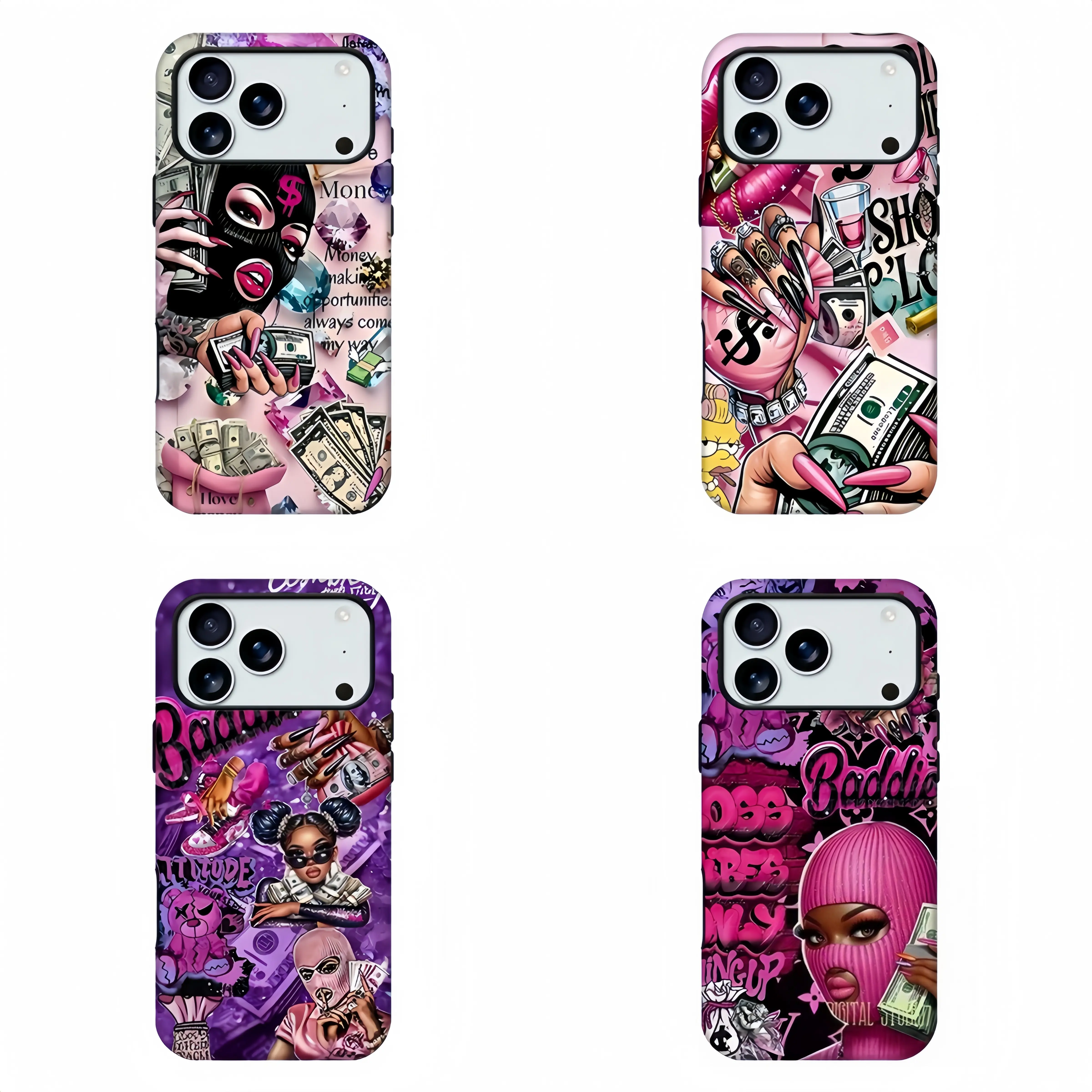 Pink Purple Ski Mask Girl Collage Graffiti Phone Case,Hip Hop Fan Merch Phone Shell,Money Dollar Boss Lady Y2K Trap Baddie Stylish Aesthetic Print Shockproof Protective Cover For iPhone11 12 13 14 15 16 17 pro max and Samsung Model,Perfect gift