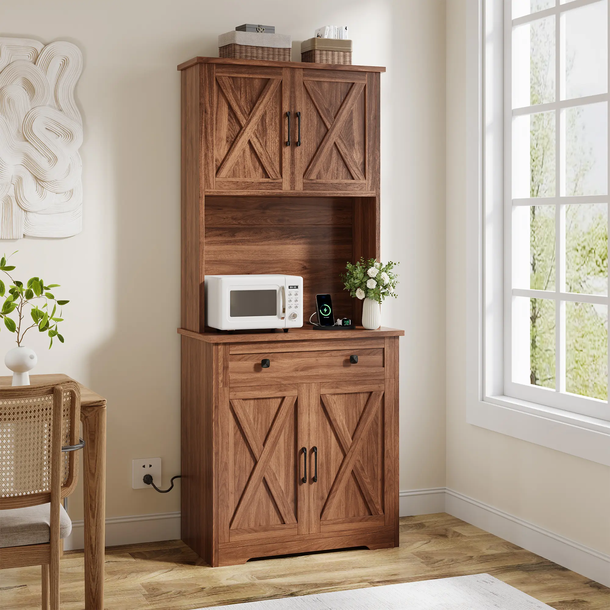 70.5" Tall Pantry Cabinet with Charging Station, Tall Kitchen Pantry Storage Cabinet with Microwave Stand, Large Farmhouse Kitchen Hutch with Cabinet Doors & Drawer for Living Room, Dining Room