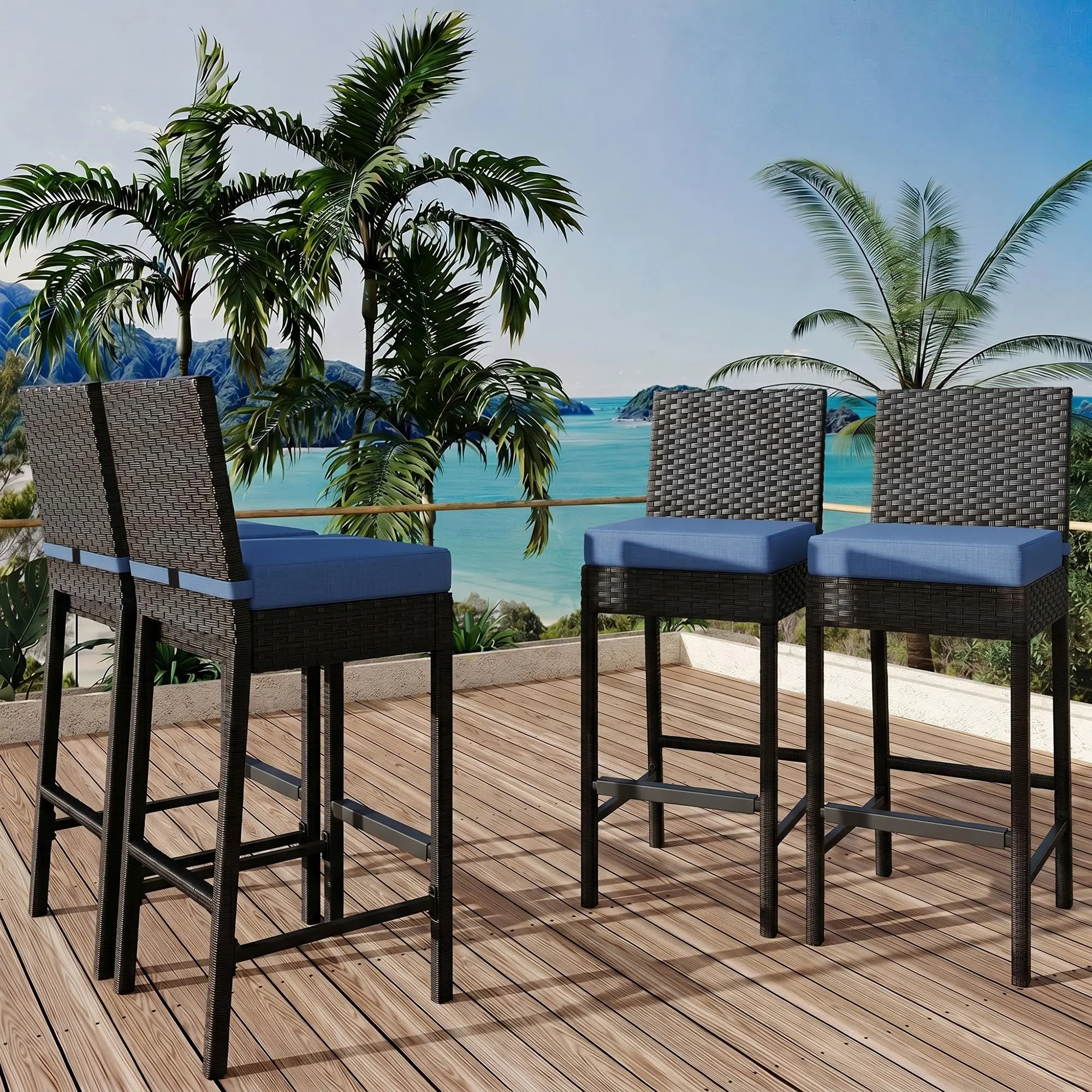 Set of 4 Outdoor Wicker Bar Stools, 28" Patio Rattan Barstools with Washable Cushions, All-Weather High Chairs for Backyard & Poolside